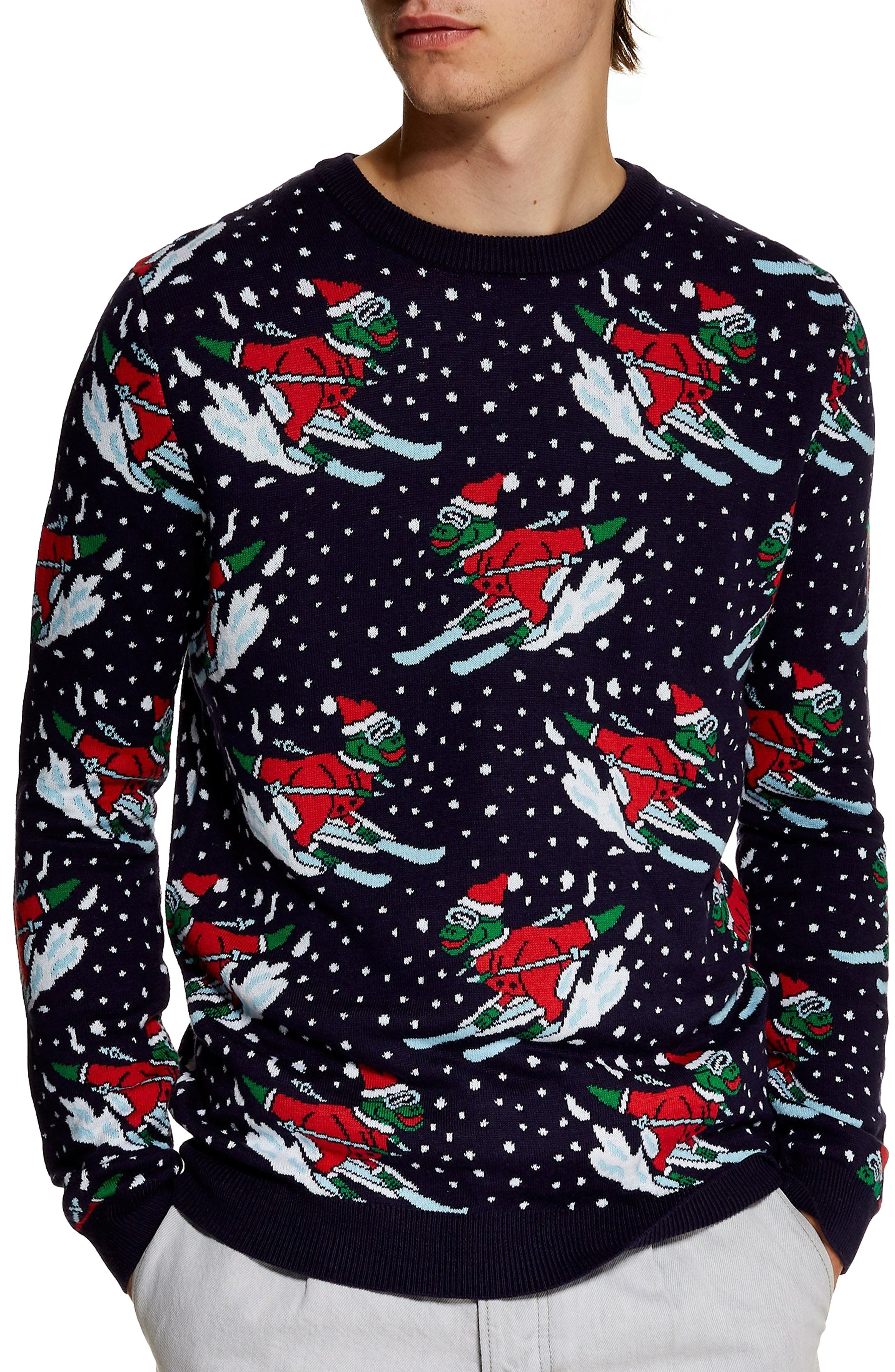 Topman Skiing Dinosaurs Holiday Sweater, Black
