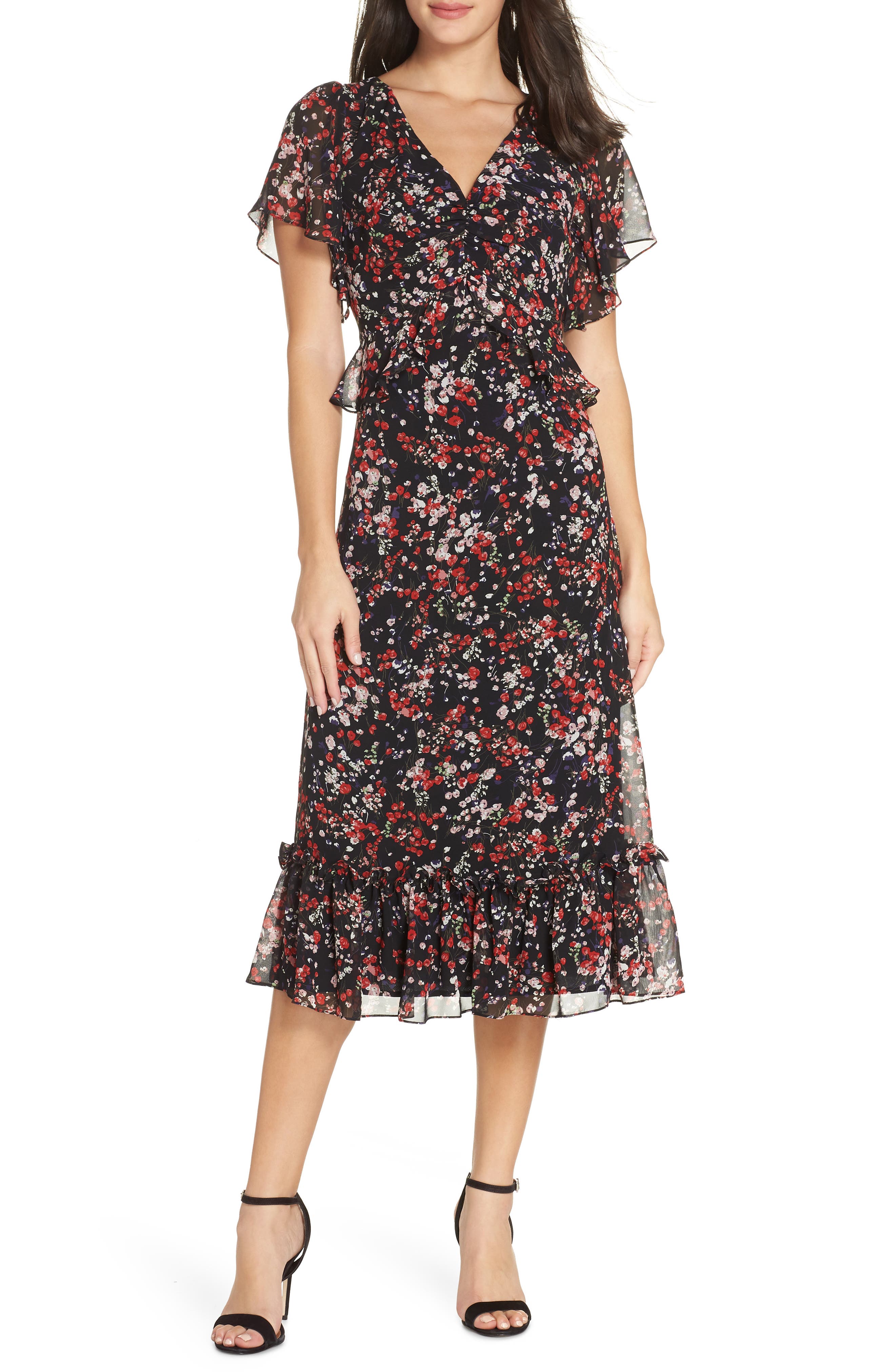 Chelsea28 Floral Ruffle Midi Dress, Black