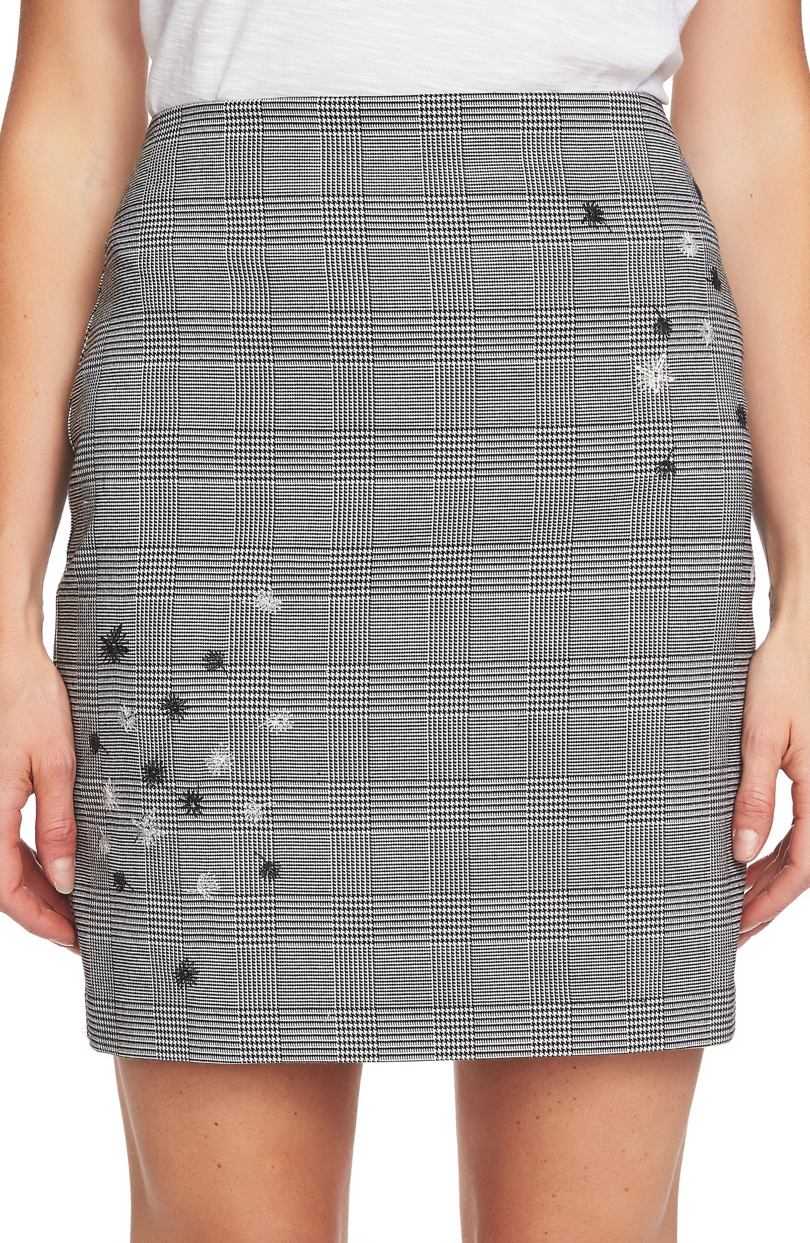 Cece Glen Plaid Embroidered Miniskirt, Black