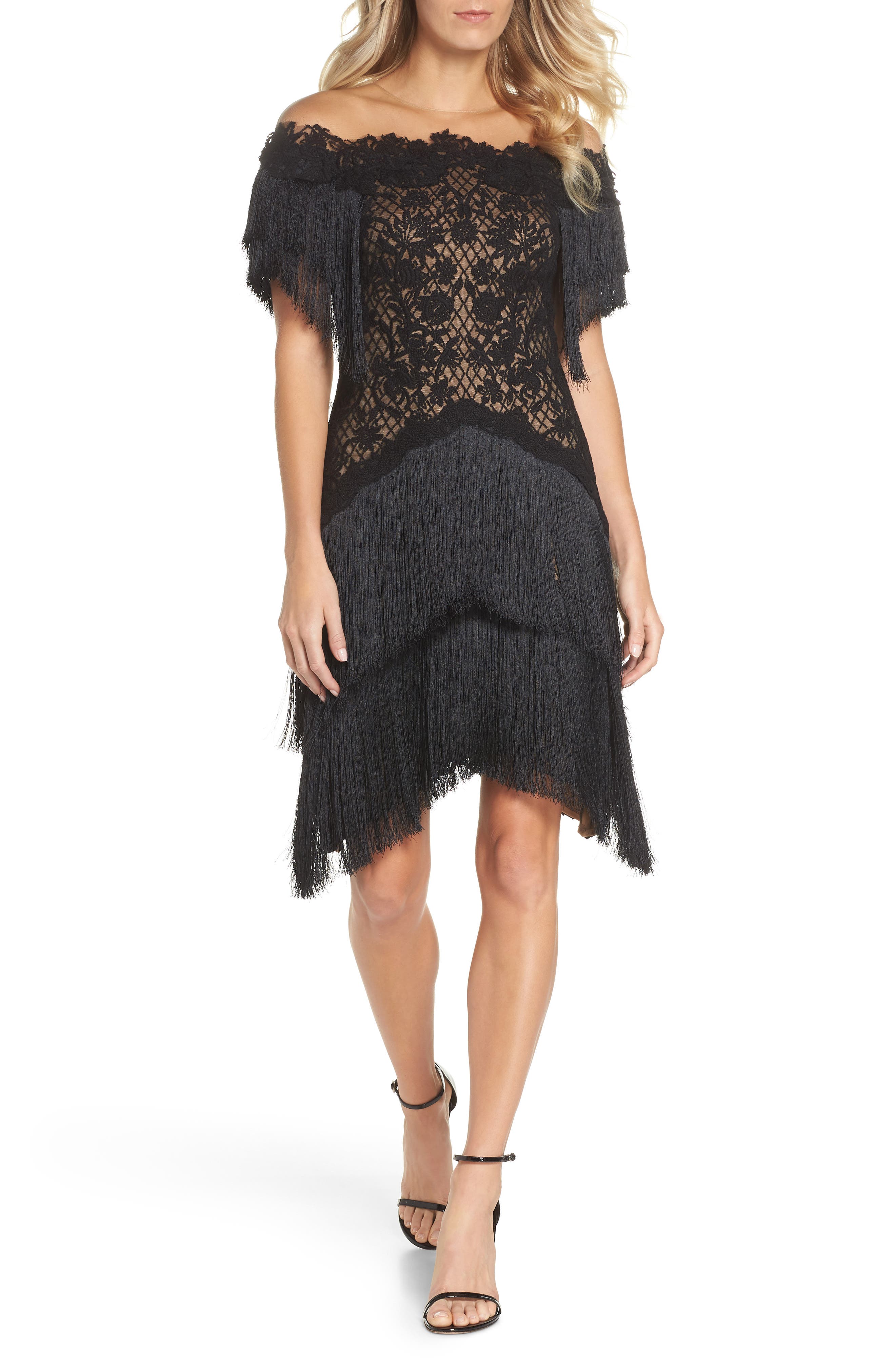 Tadashi Shoji Off The Shoulder Fringe & Embroidered Mesh Dress, Black