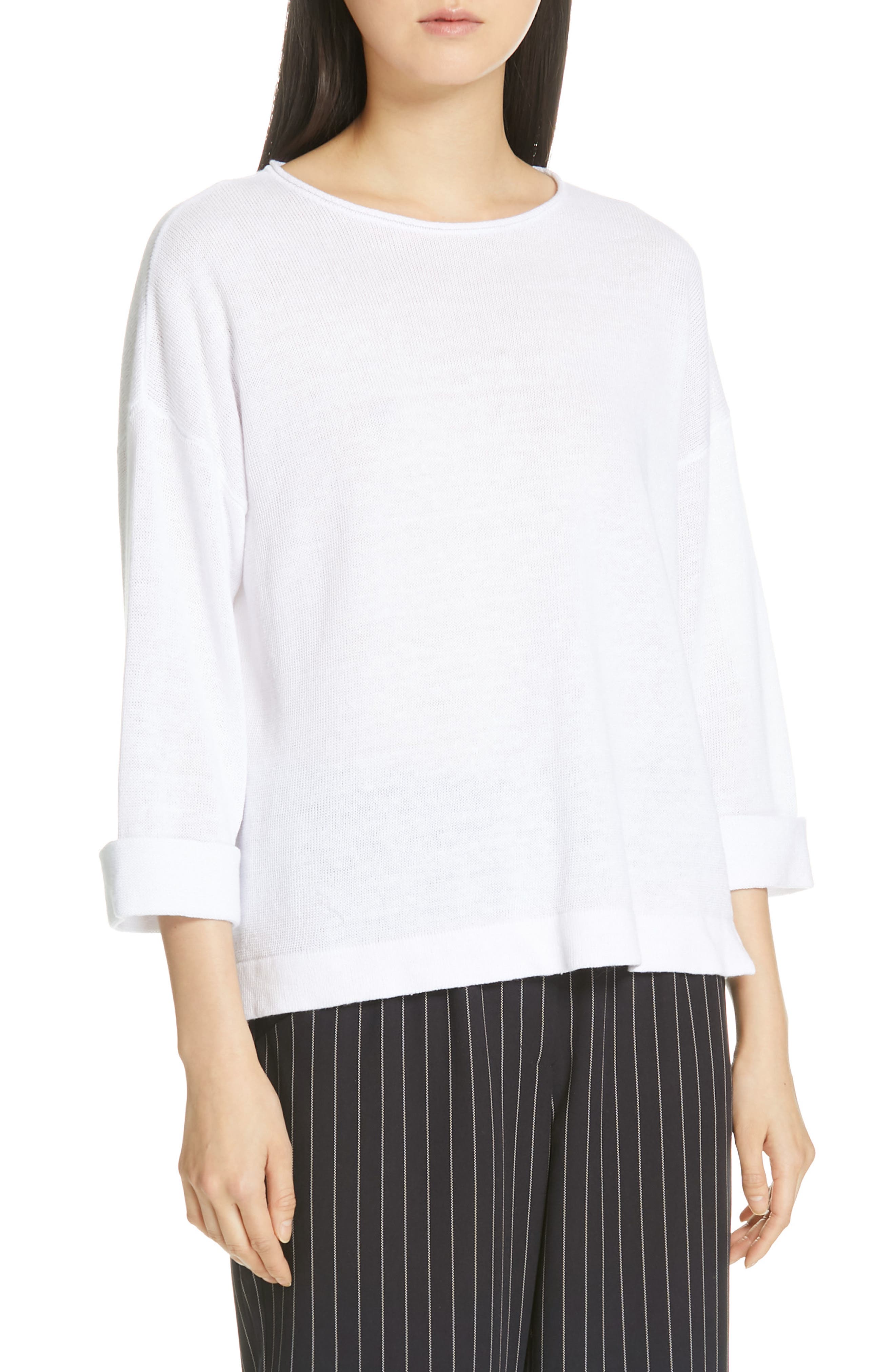 Eileen Fisher Round Neck Organic Linen Top, White