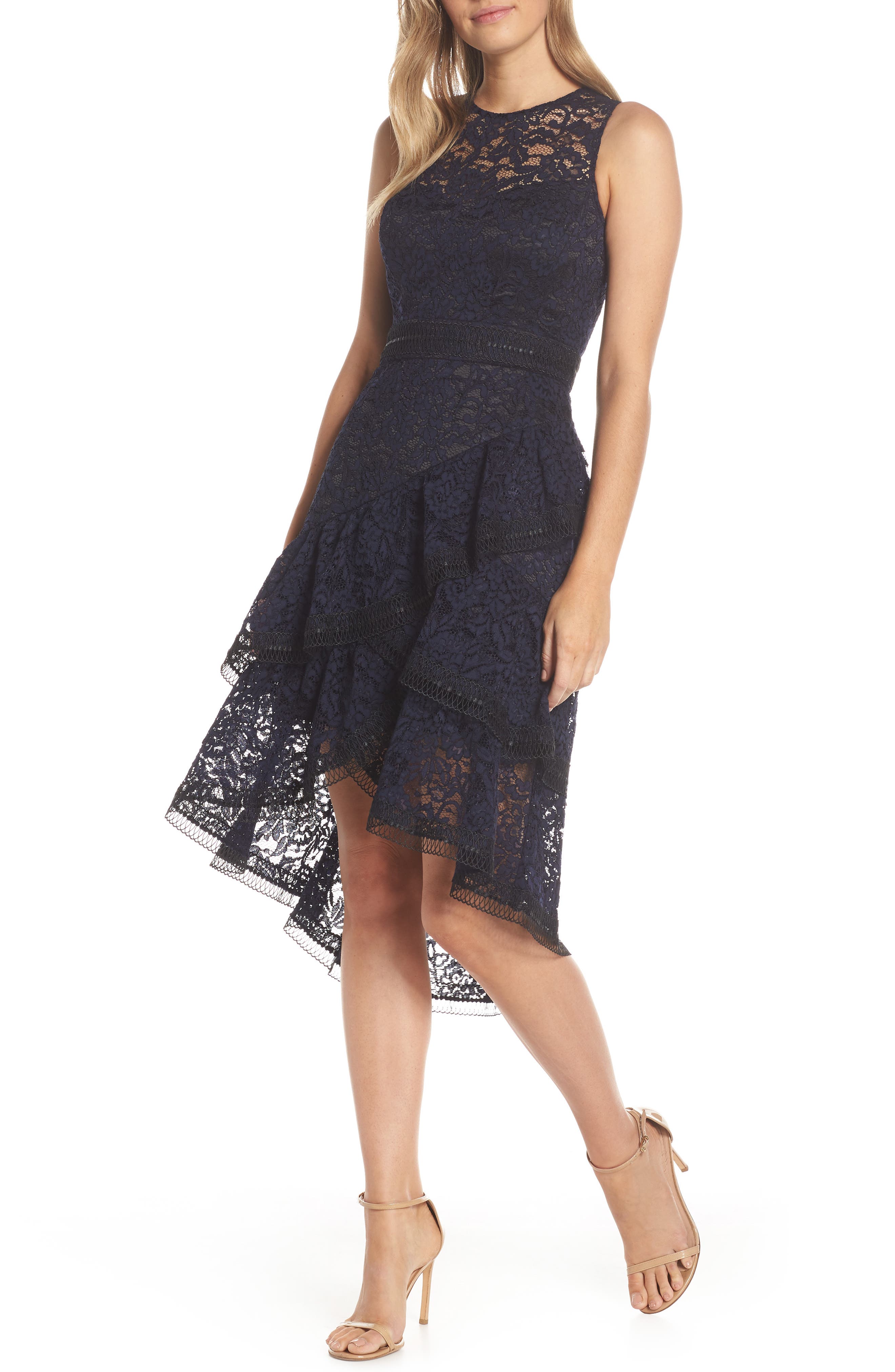 Eliza J Asymmetrical Tiered High/low Lace Dress, Blue