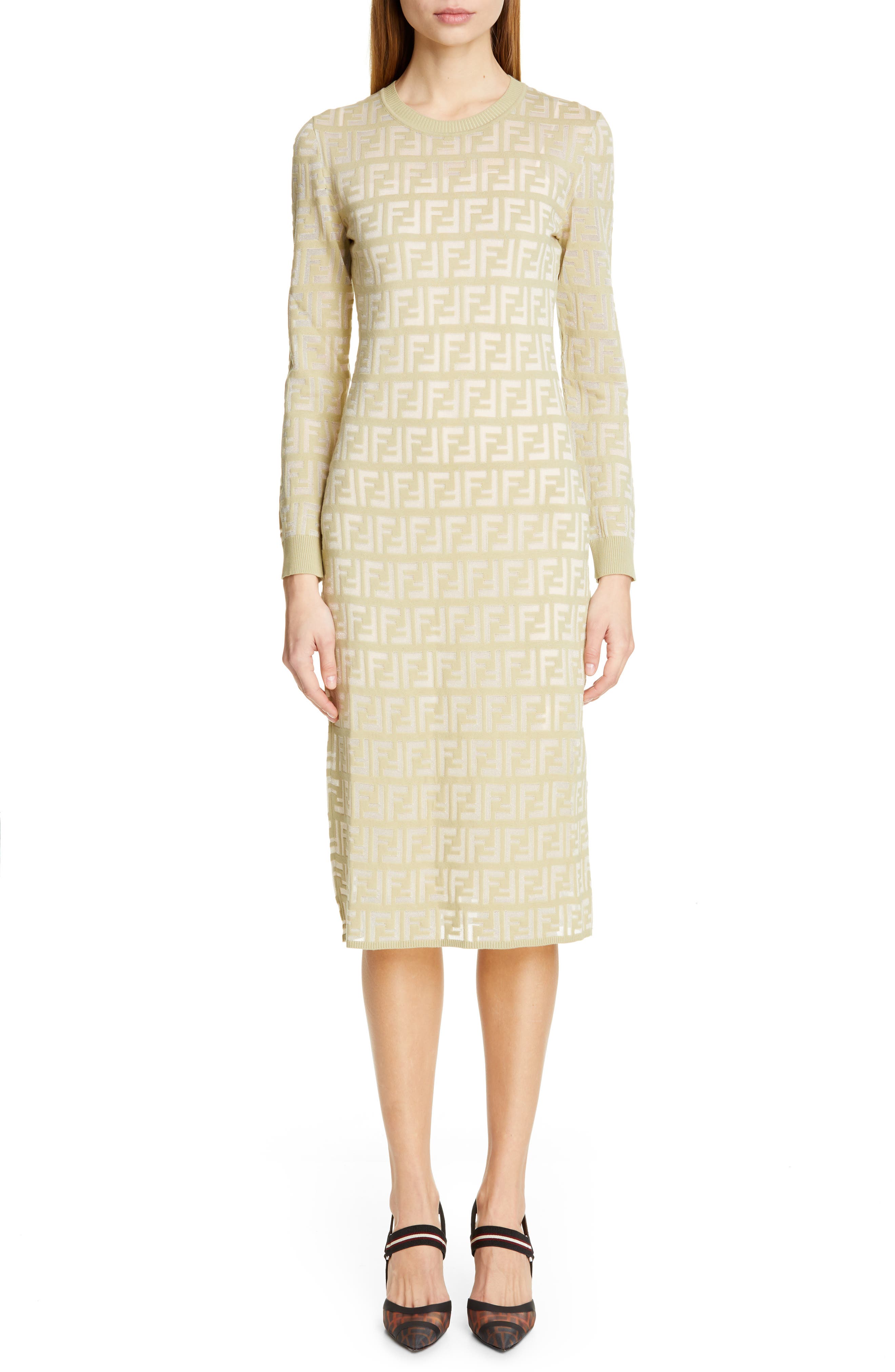Fendi Long Sleeve Logo Jacquard Sweater Dress, US / 44 IT - Green
