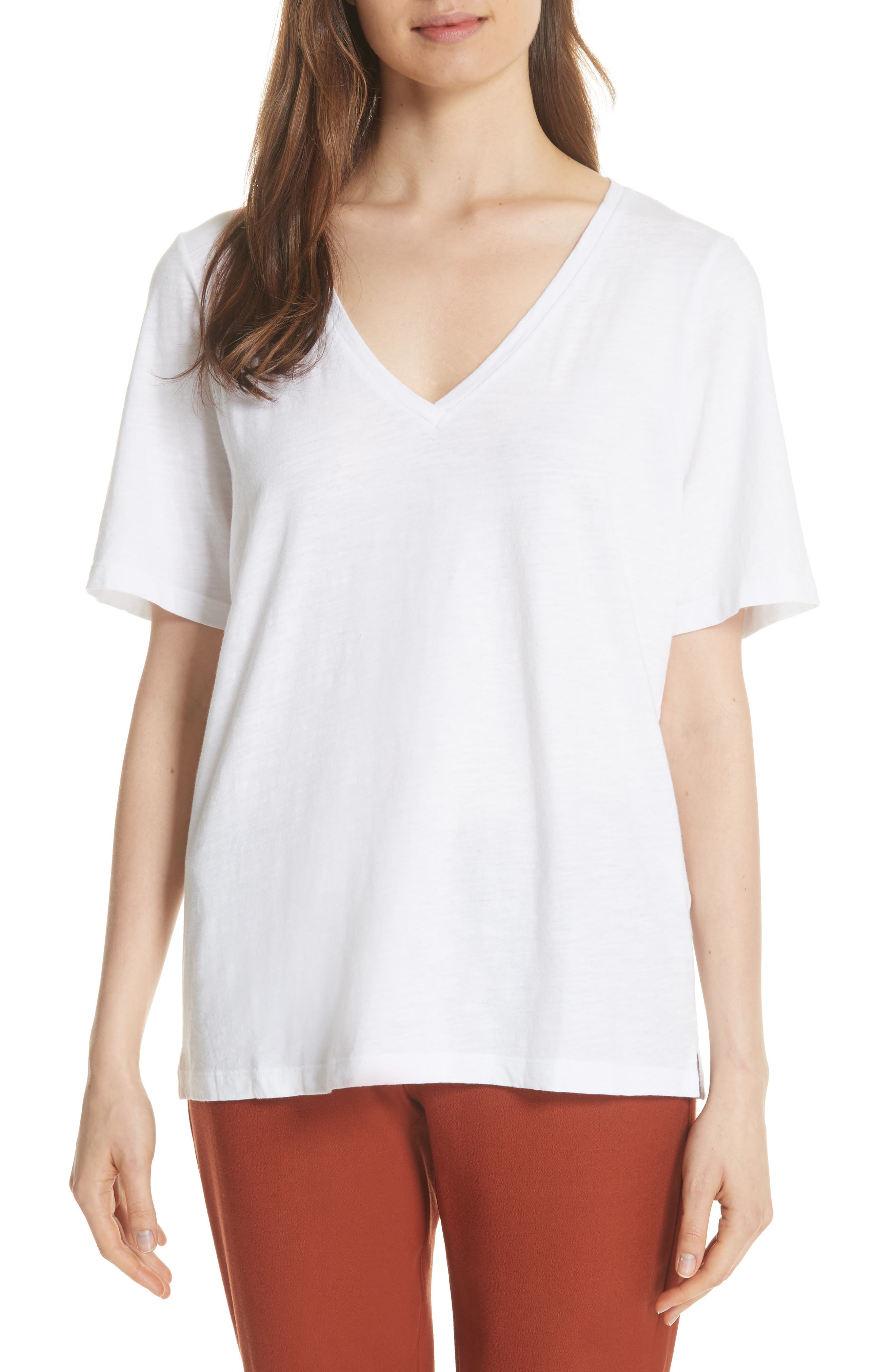 Petite Eileen Fisher V-Neck Organic Cotton Tee, White