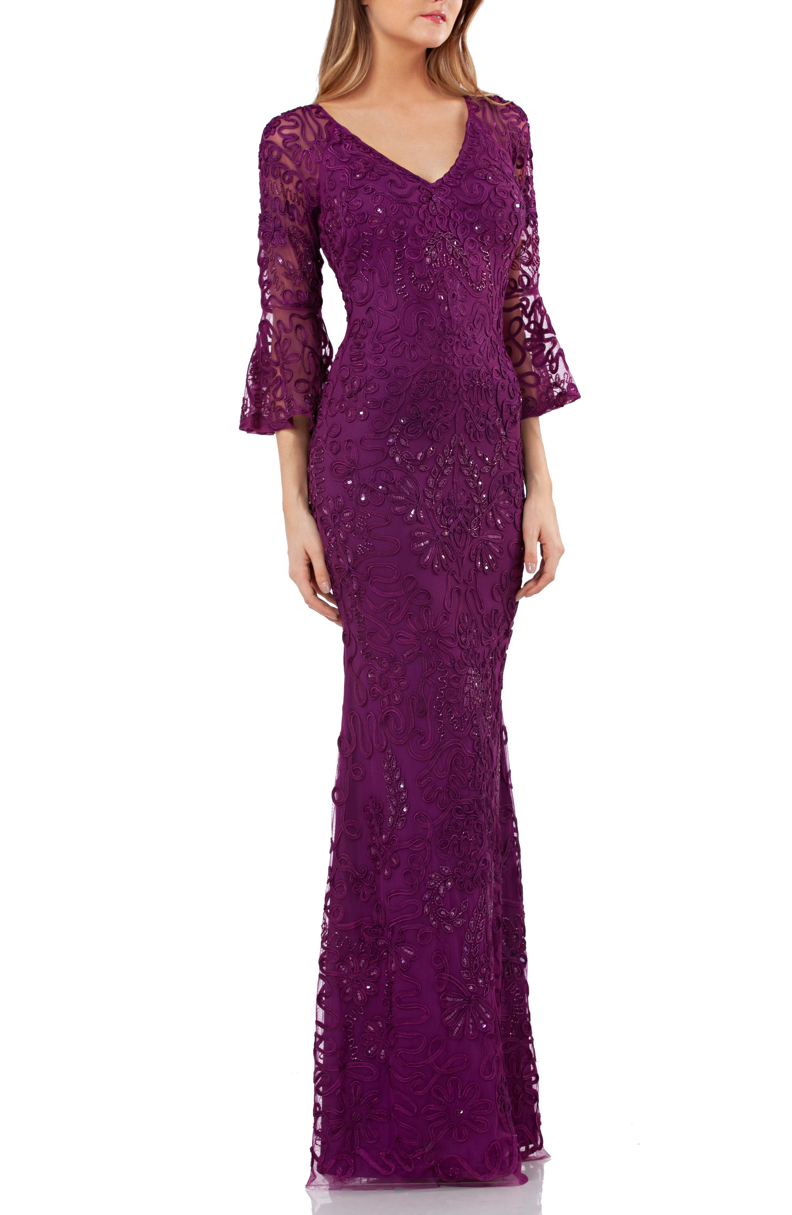Js Collections Soutache Embroidered Trumpet Gown, Purple