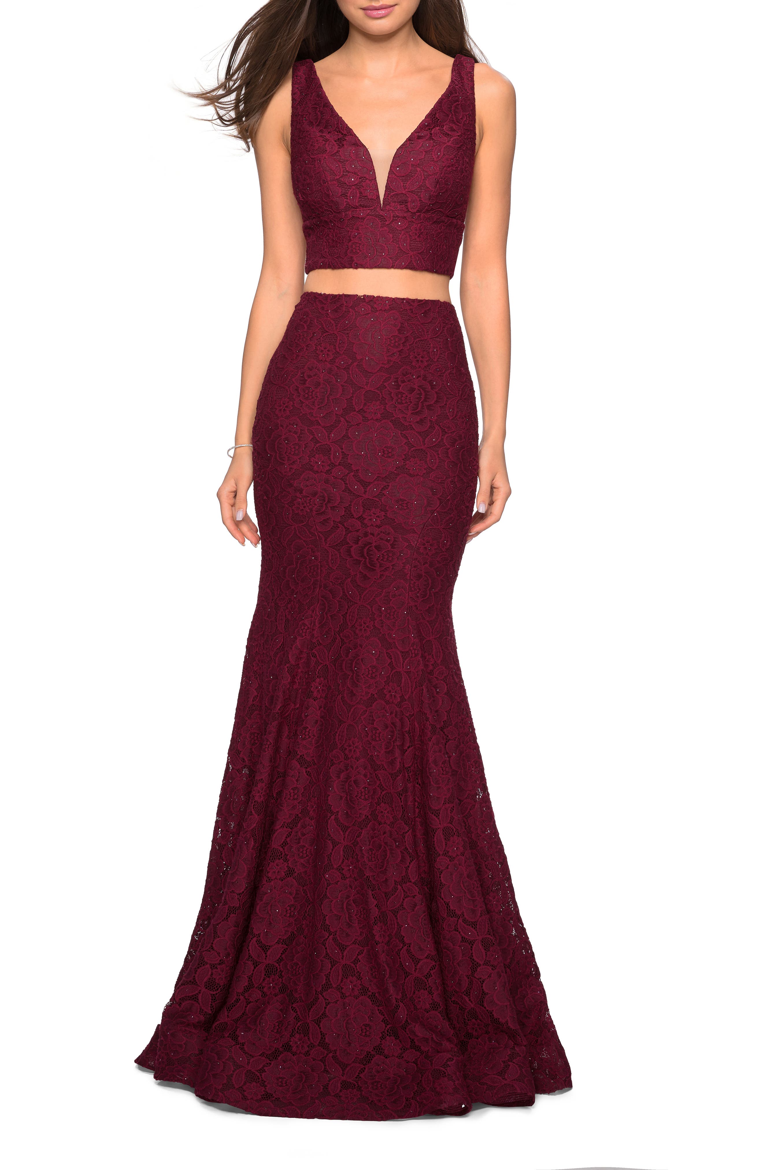 La Femme Two-Piece Stretch Lace Mermaid Evening Dress, Burgundy