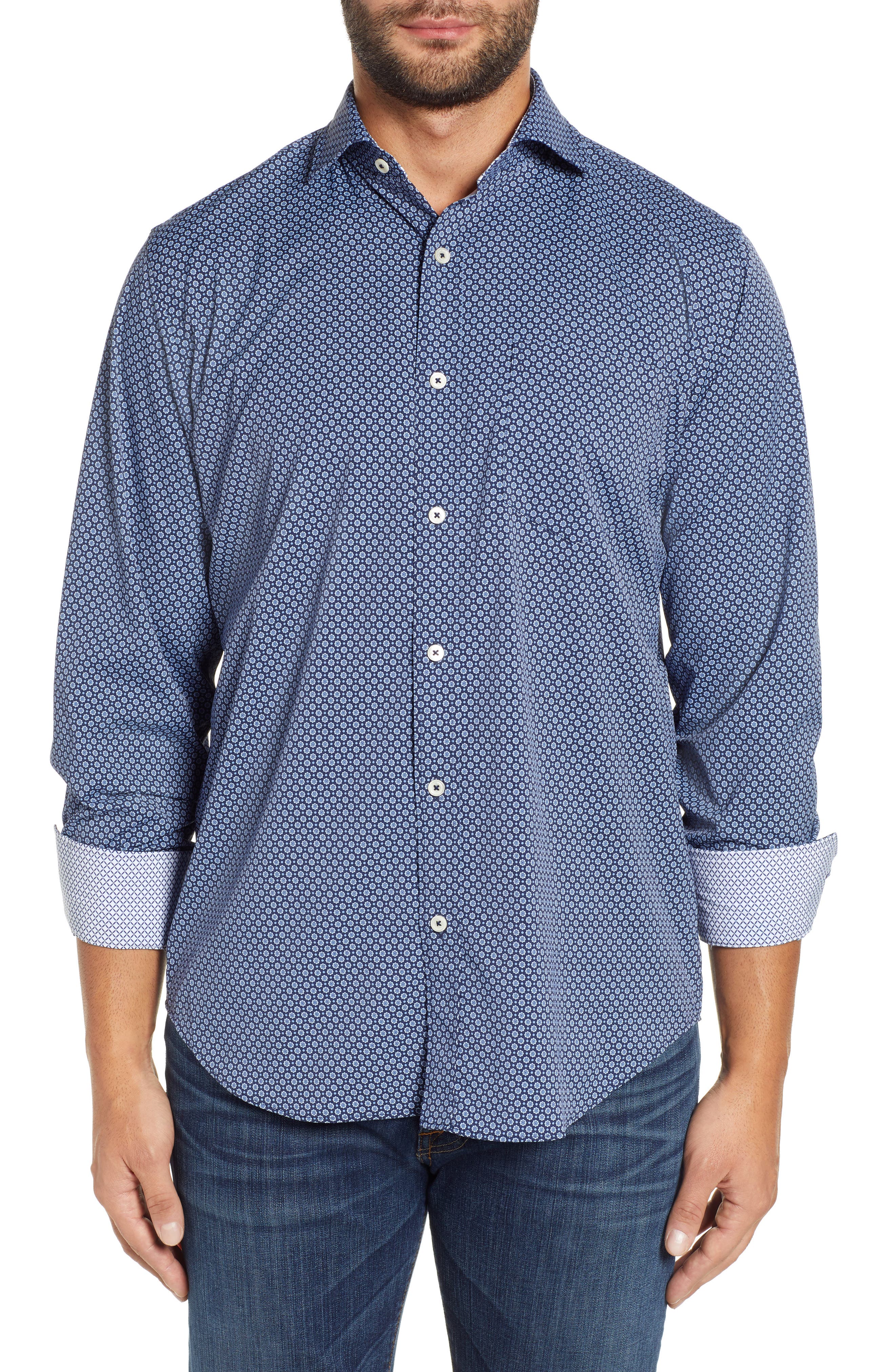 Bugatchi Classic Fit Mandala Print Performance Sport Shirt, Blue