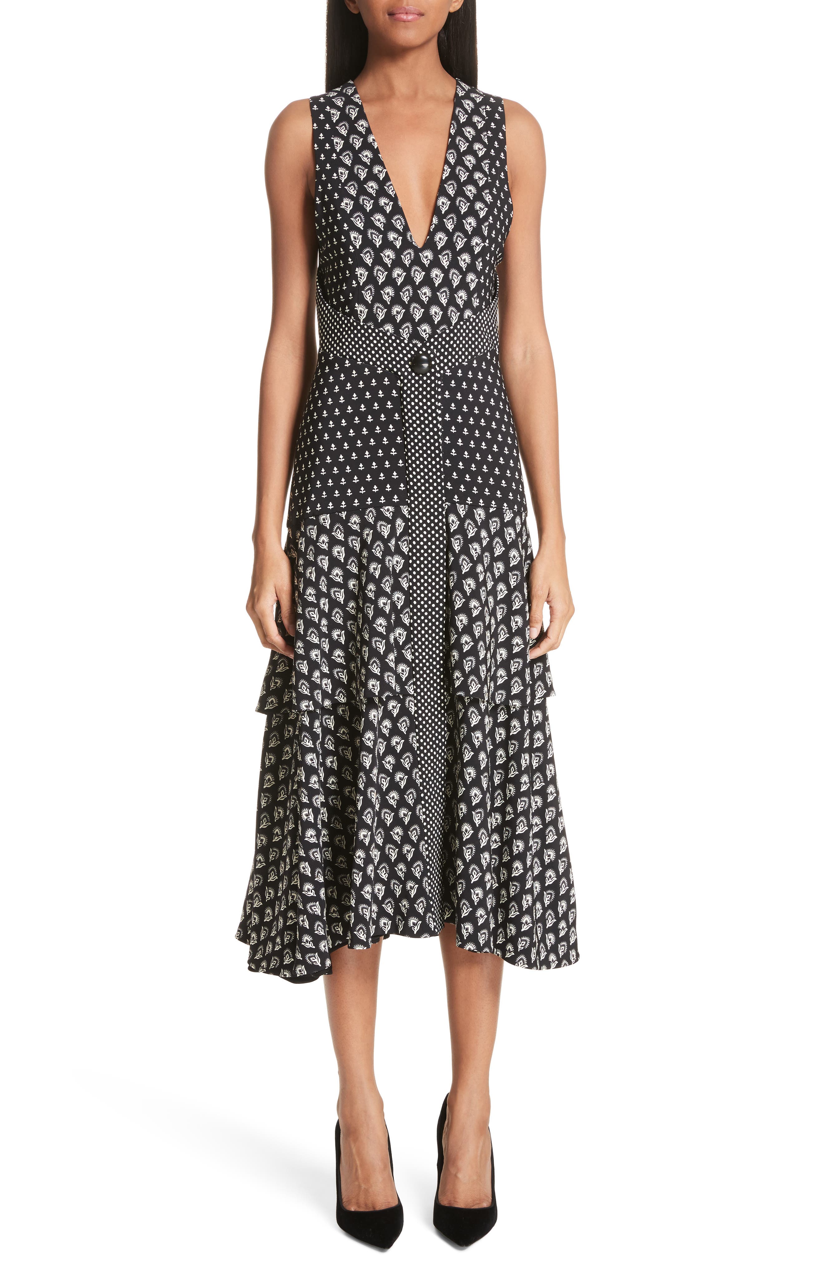 Proenza Schouler Mixed Print Button Detail Midi Dress, Black