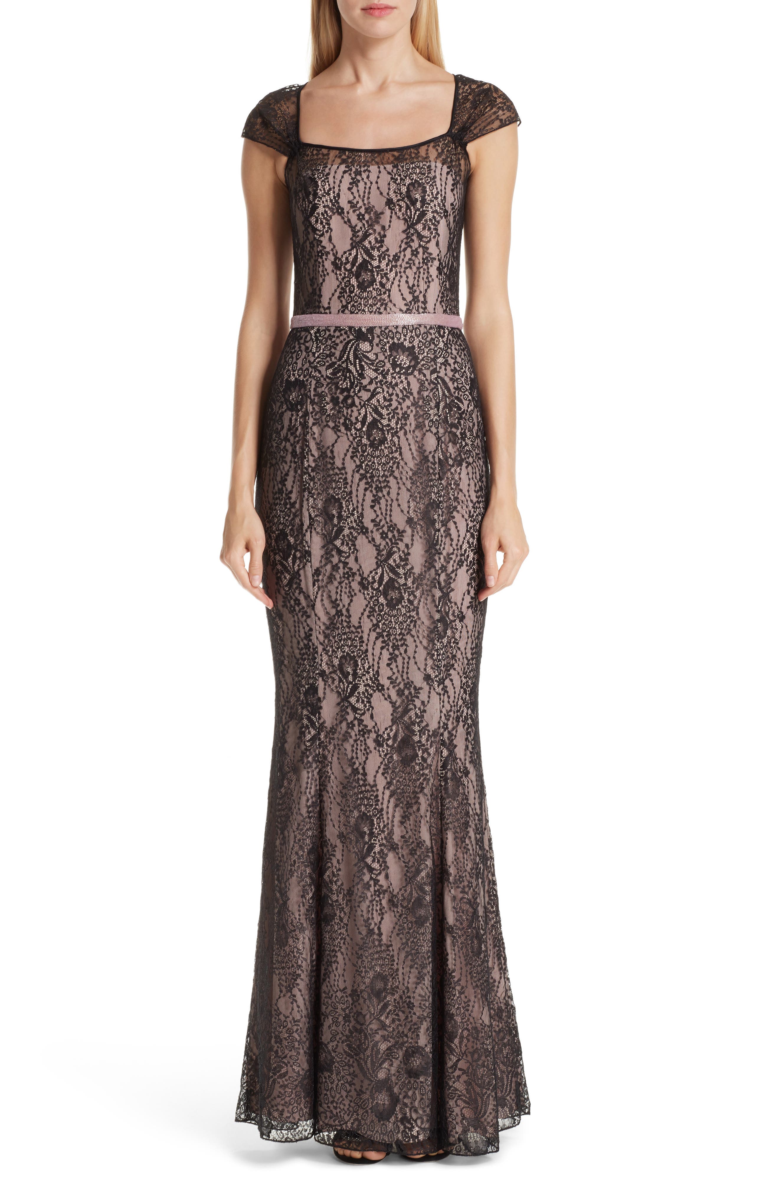 Verdin Cap Sleeve Lace Evening Dress, Black