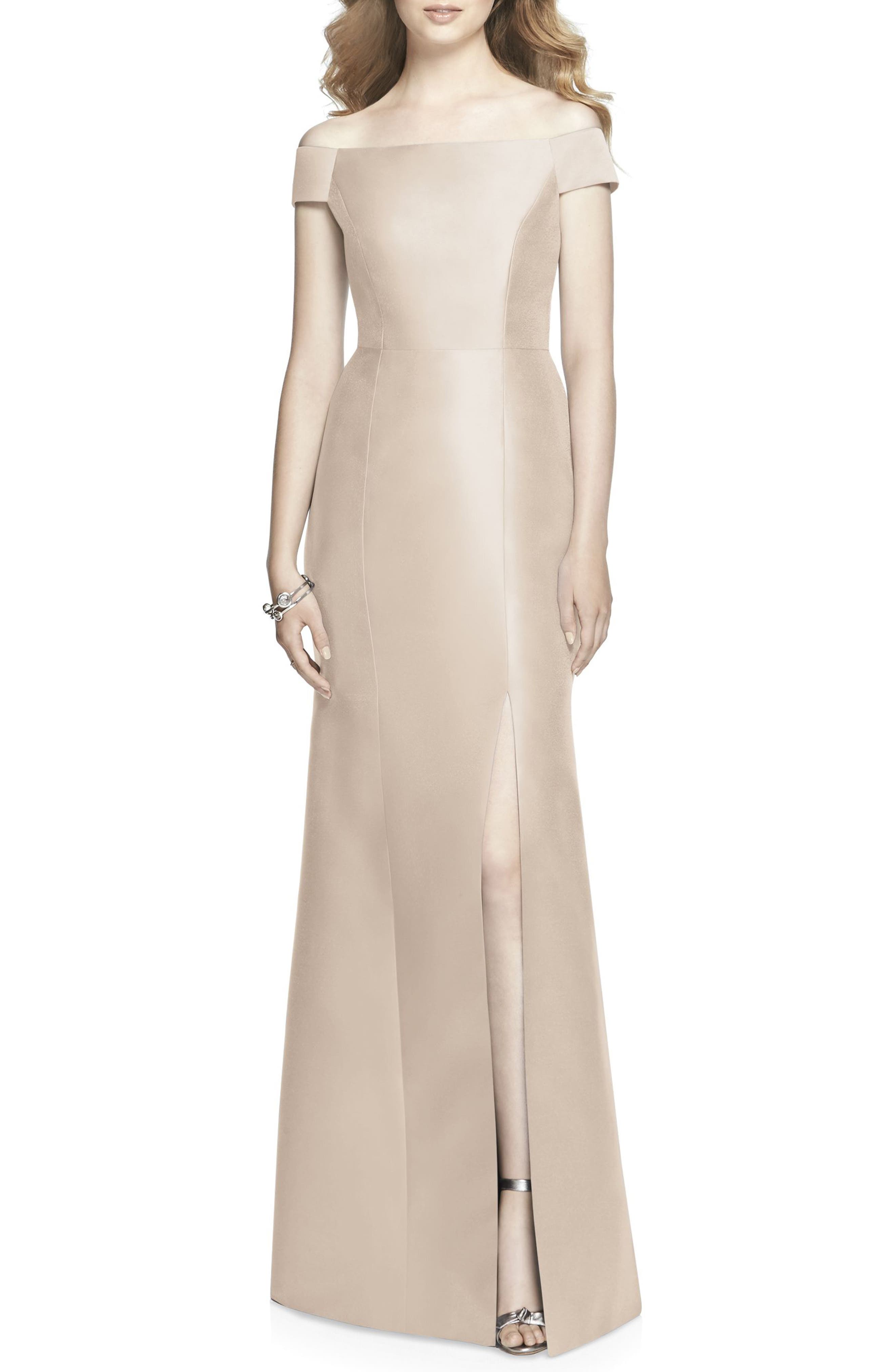 Alfred Sung Off The Shoulder Sateen Gown, Beige