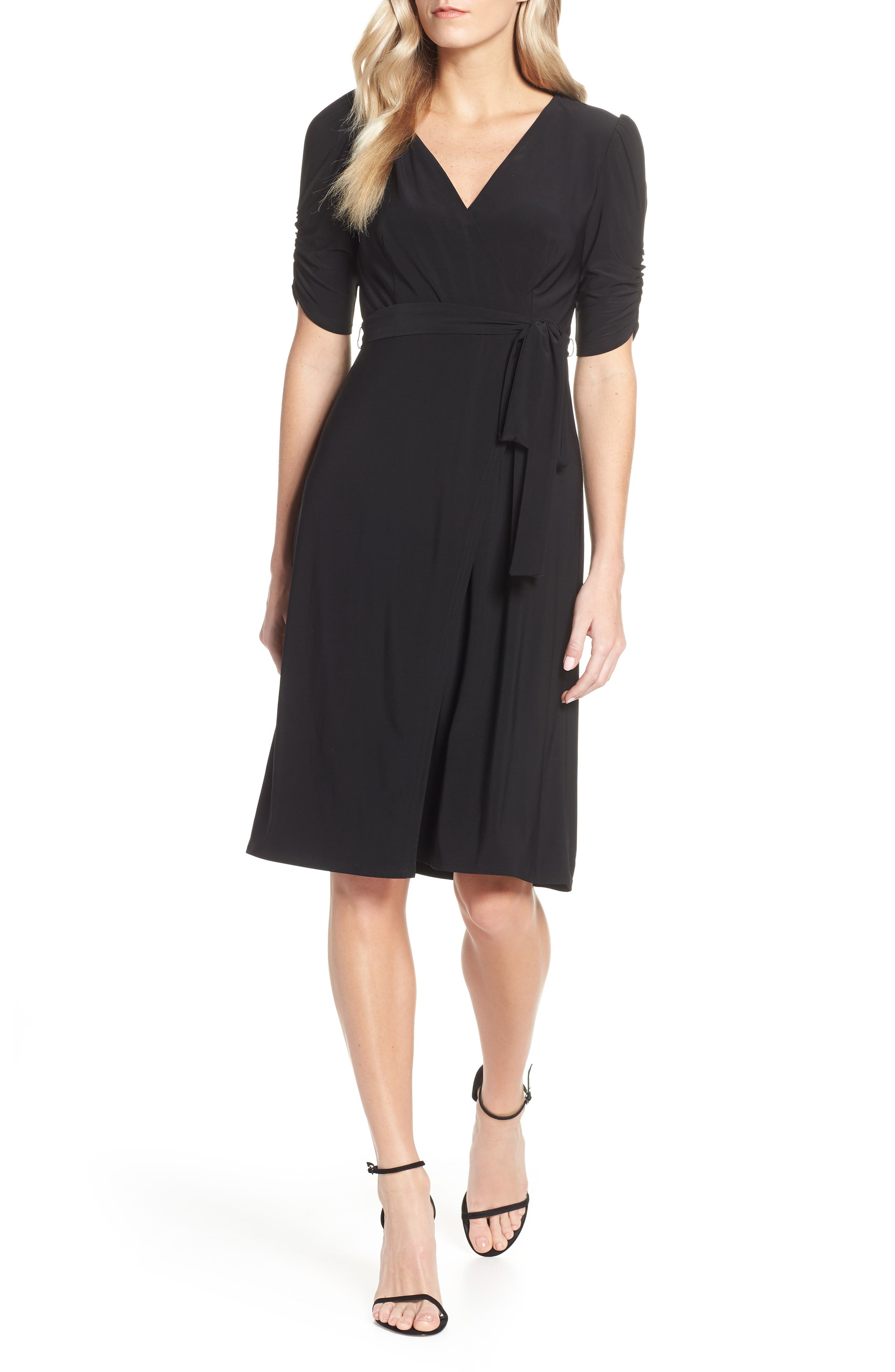 Eliza J Ruched Sleeve Faux Wrap Dress, Black