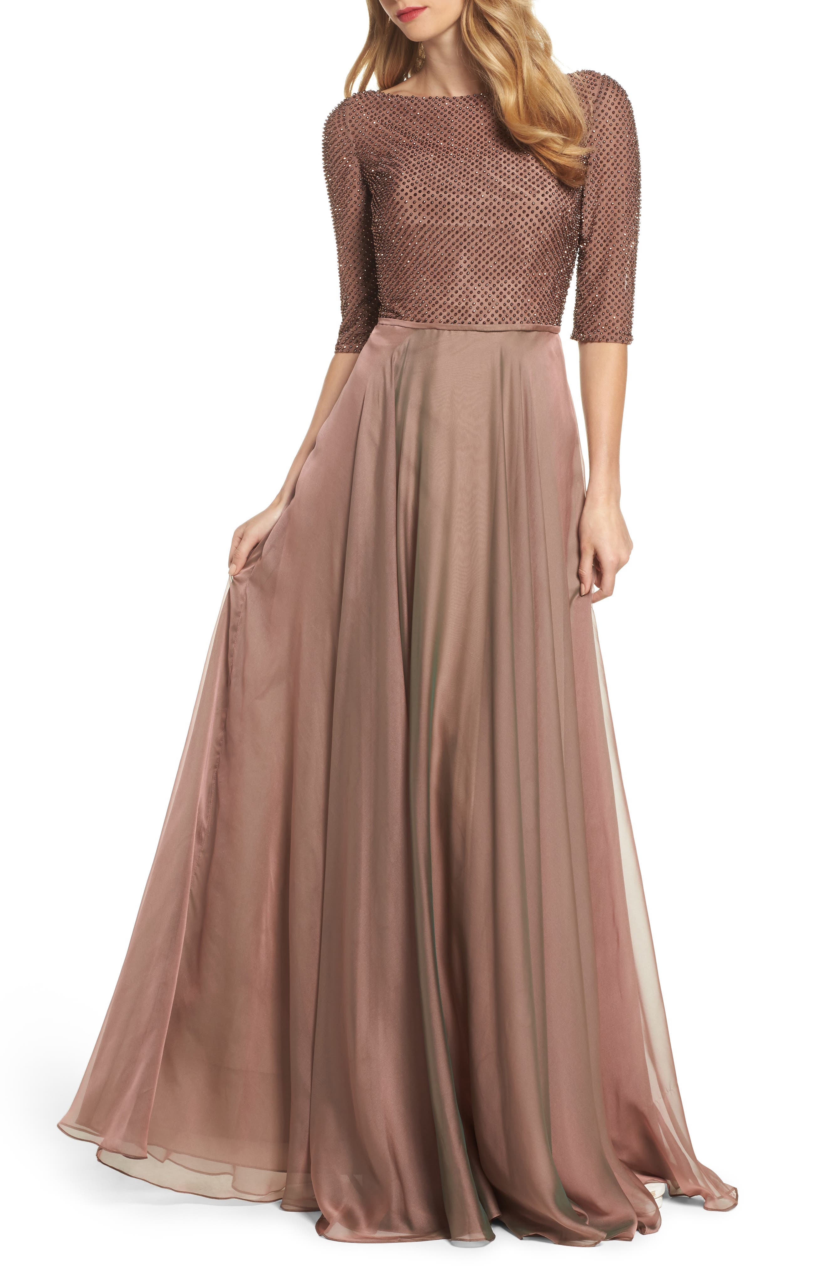 La Femme Embellished Bodice Gown, Brown