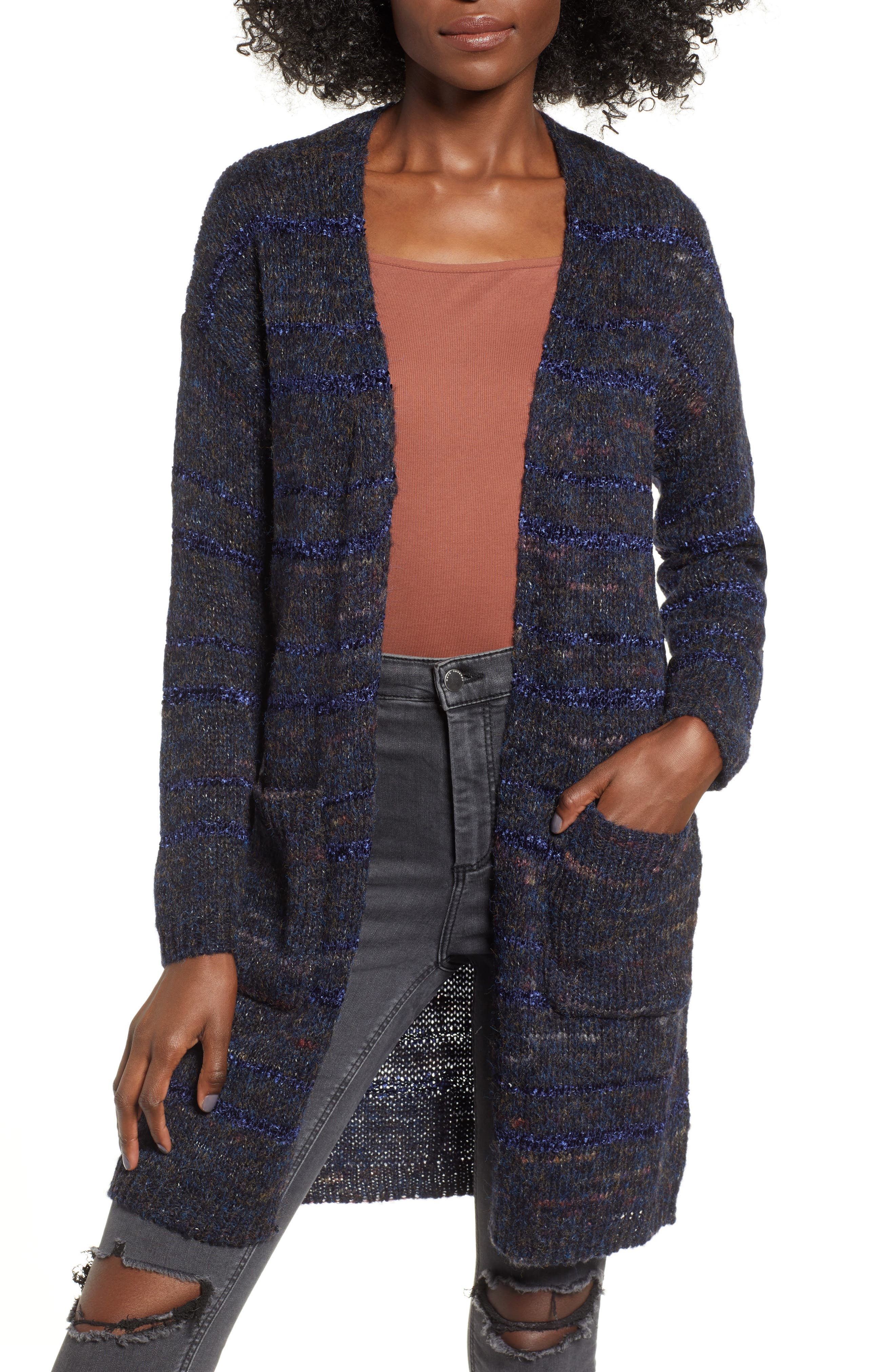 Woven Heart Mixed Yarn Cardigan, Blue