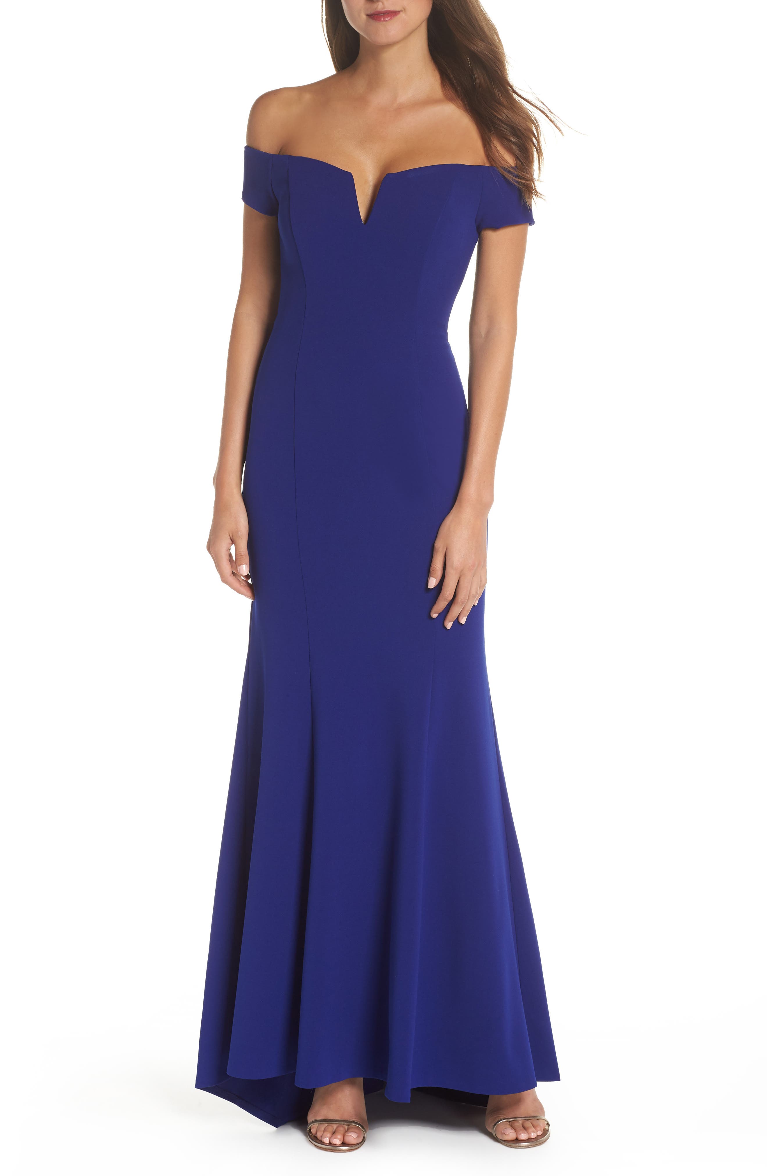 Vince Camuto Notched Off The Shoulder Trumpet Gown, Blue