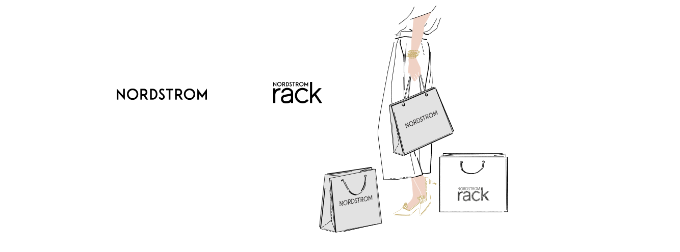 At Nordstrom and Nordstrom Rack. Illustration of a woman with Nordstrom and Nordstrom Rack shopping bags.