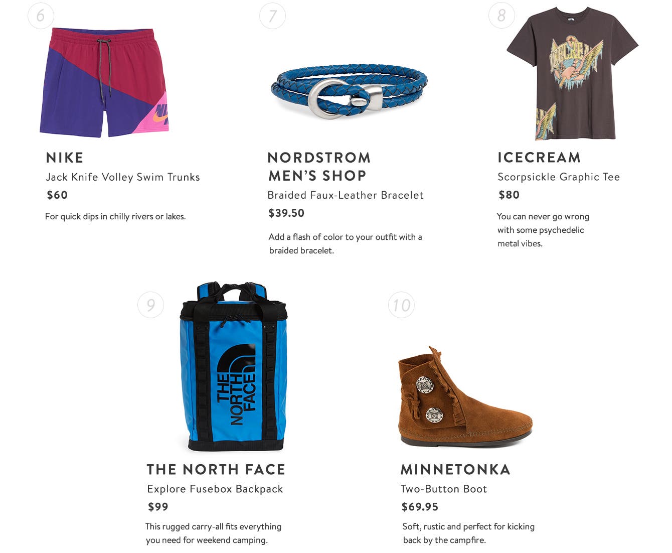 Nike Jack Knife Volley Swim Trunks. / Nordstrom Men’s Shop Braided Faux-Leather Bracelet. / Icecream Scorpsickle Graphic Tee. / The North Face Explore Fusebox Backpack. / Minnetonka Two-Button Boot.