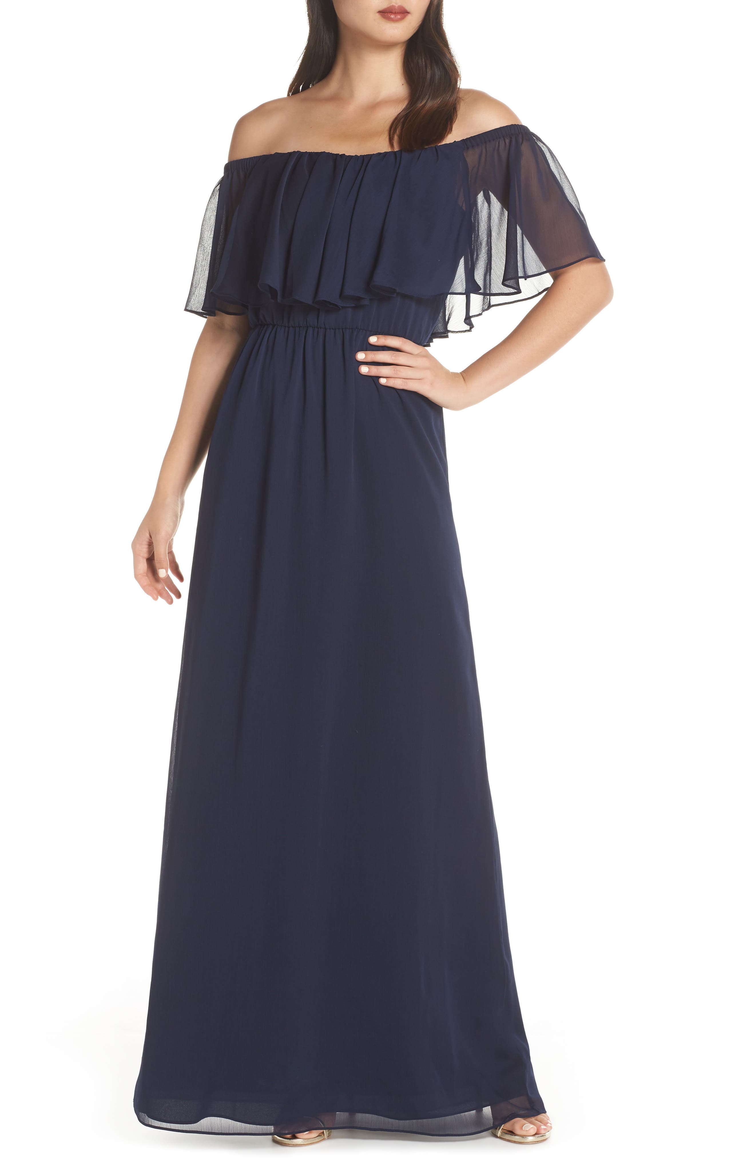Wayf Off The Shoulder Ruffle Popover Gown