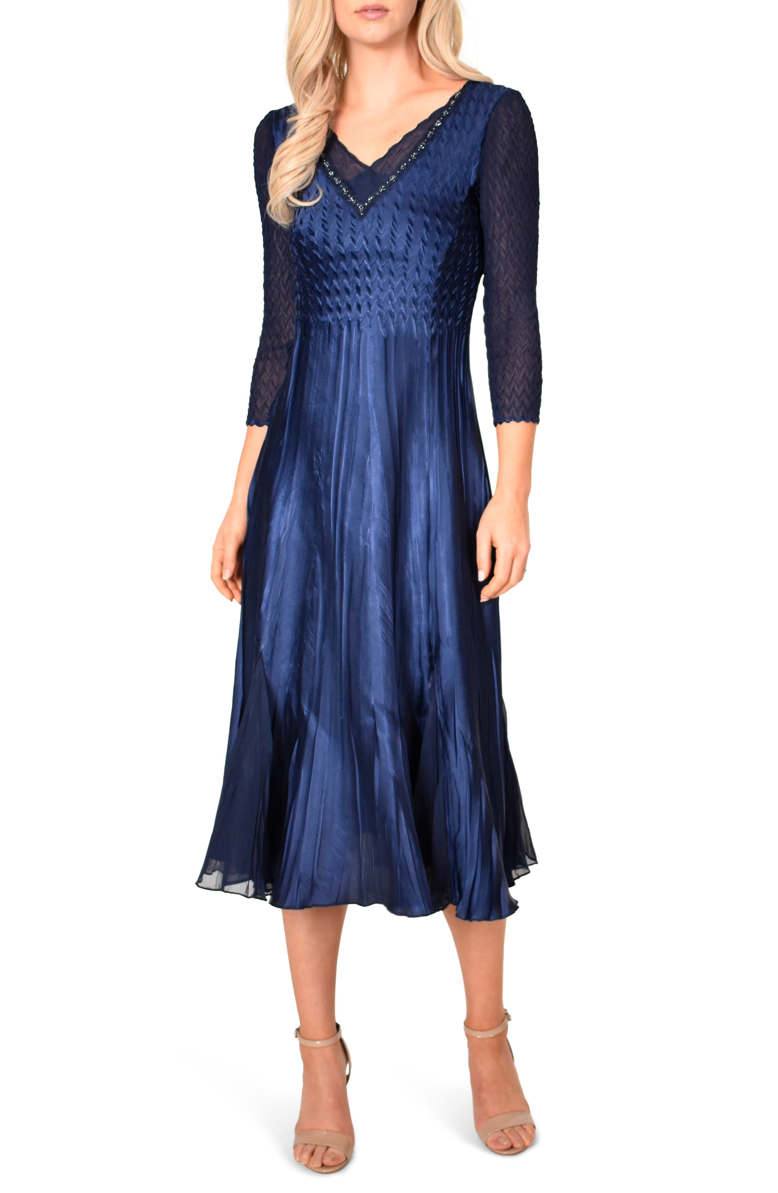 Petite Kamarov Charmuese & Chiffon Dress, Blue