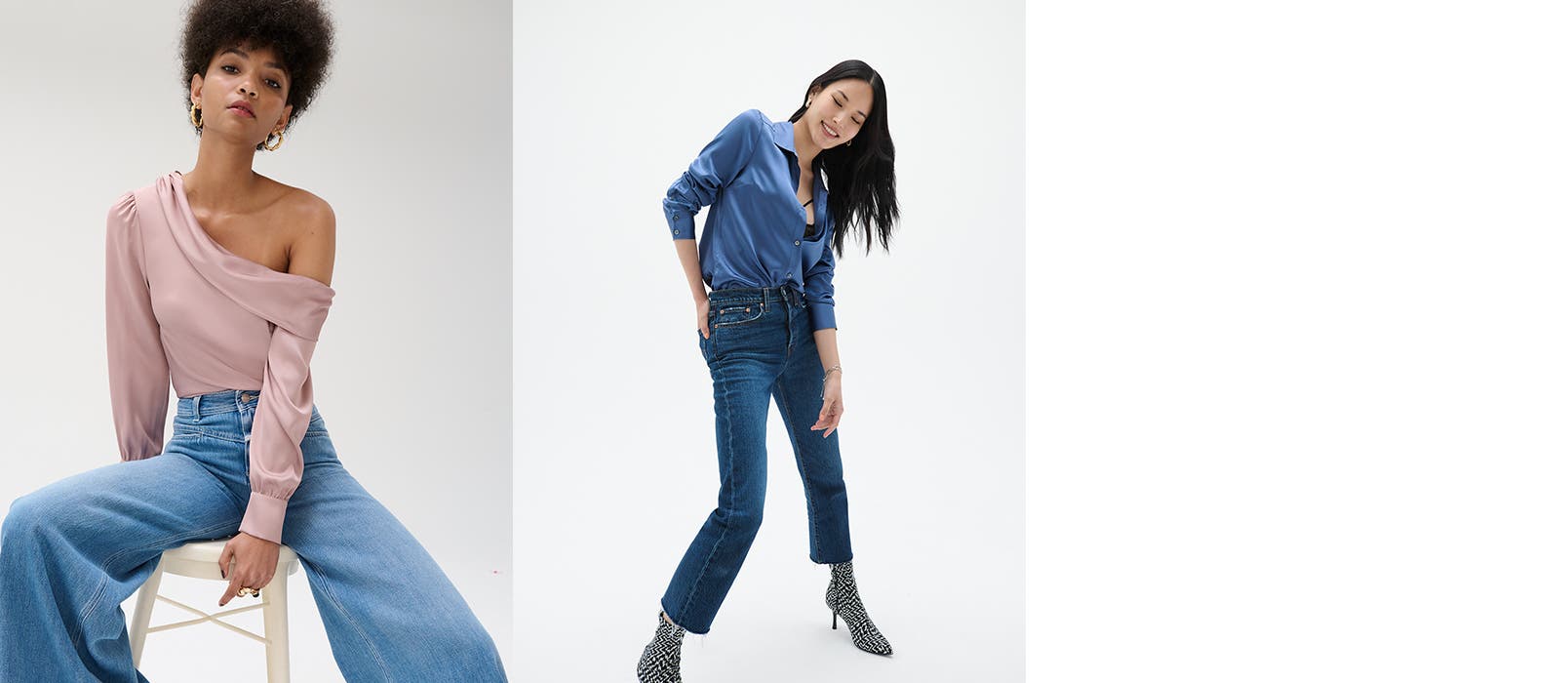 A model in wide-leg jeans and a pink top. A model in straight-leg jeans and a blue top.