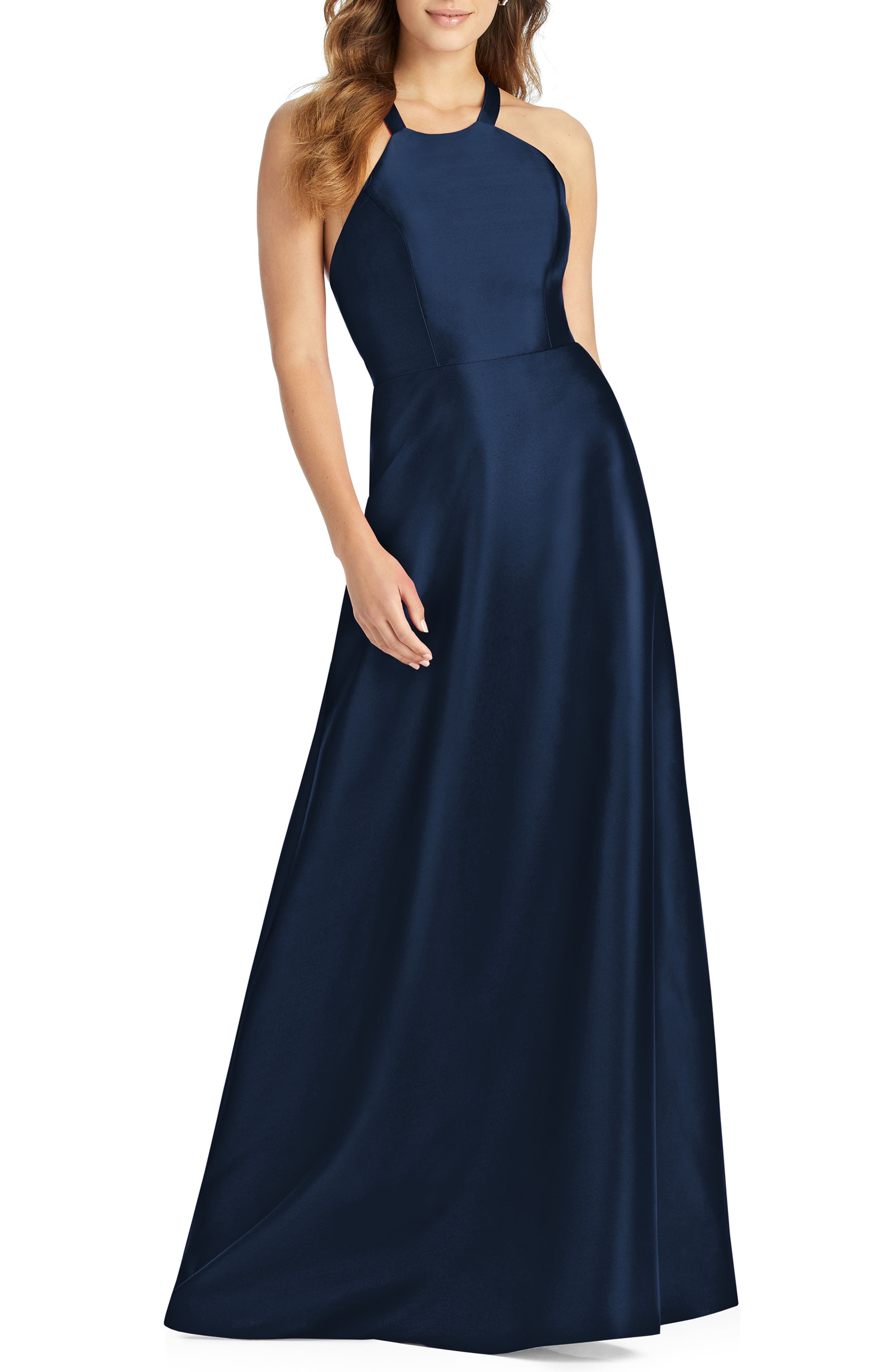 Alfred Sung Lace-Up Back Sateen Twill Gown, Blue