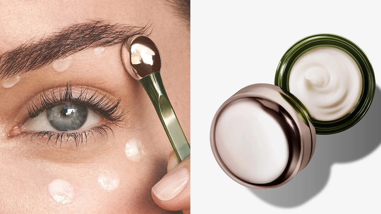 Dots of clear serum above and below a woman's eye, alongside an open jar of eye cream.