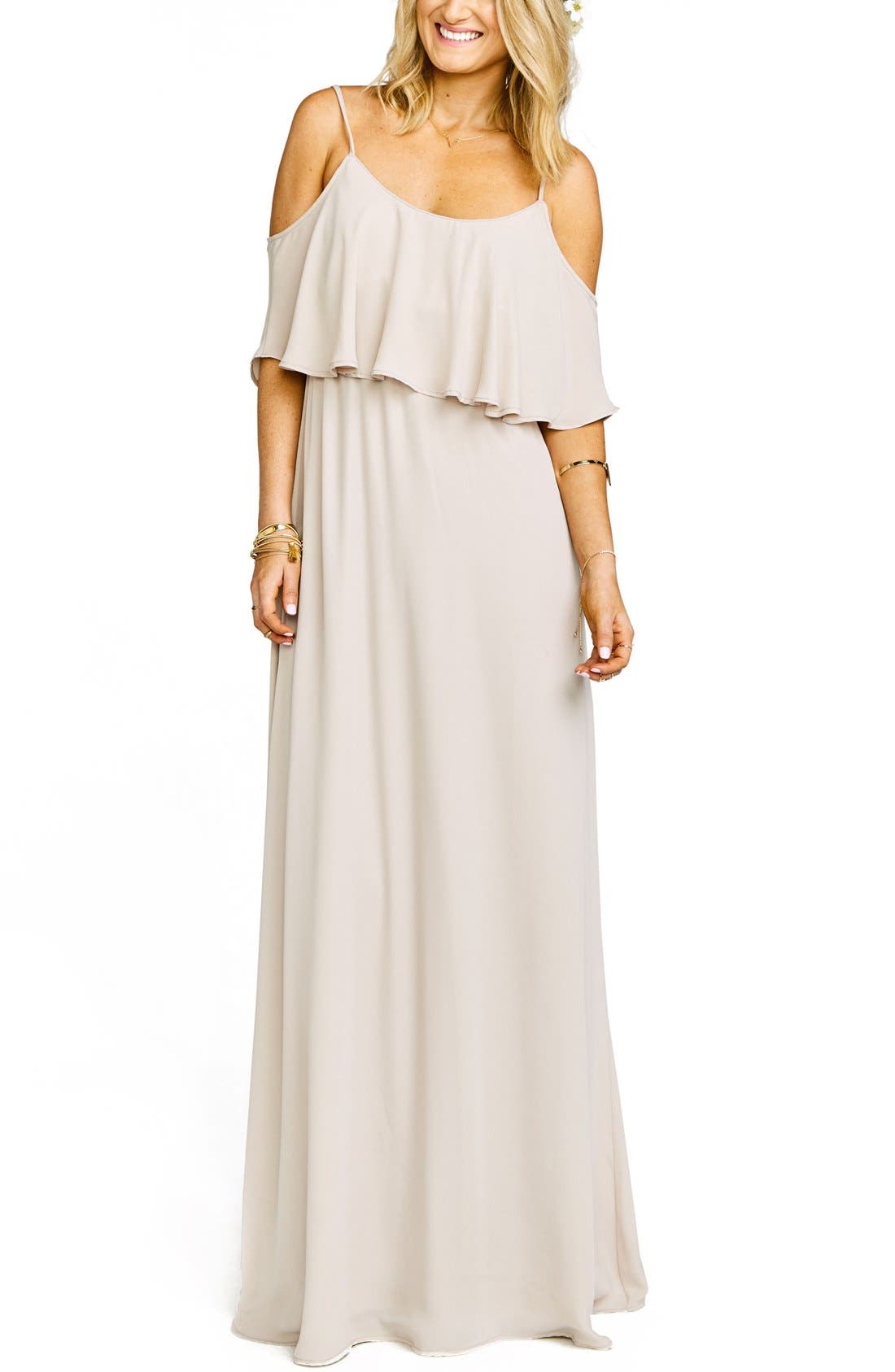 Show Me Your Mumu Caitlin Cold Shoulder Chiffon Gown, Beige