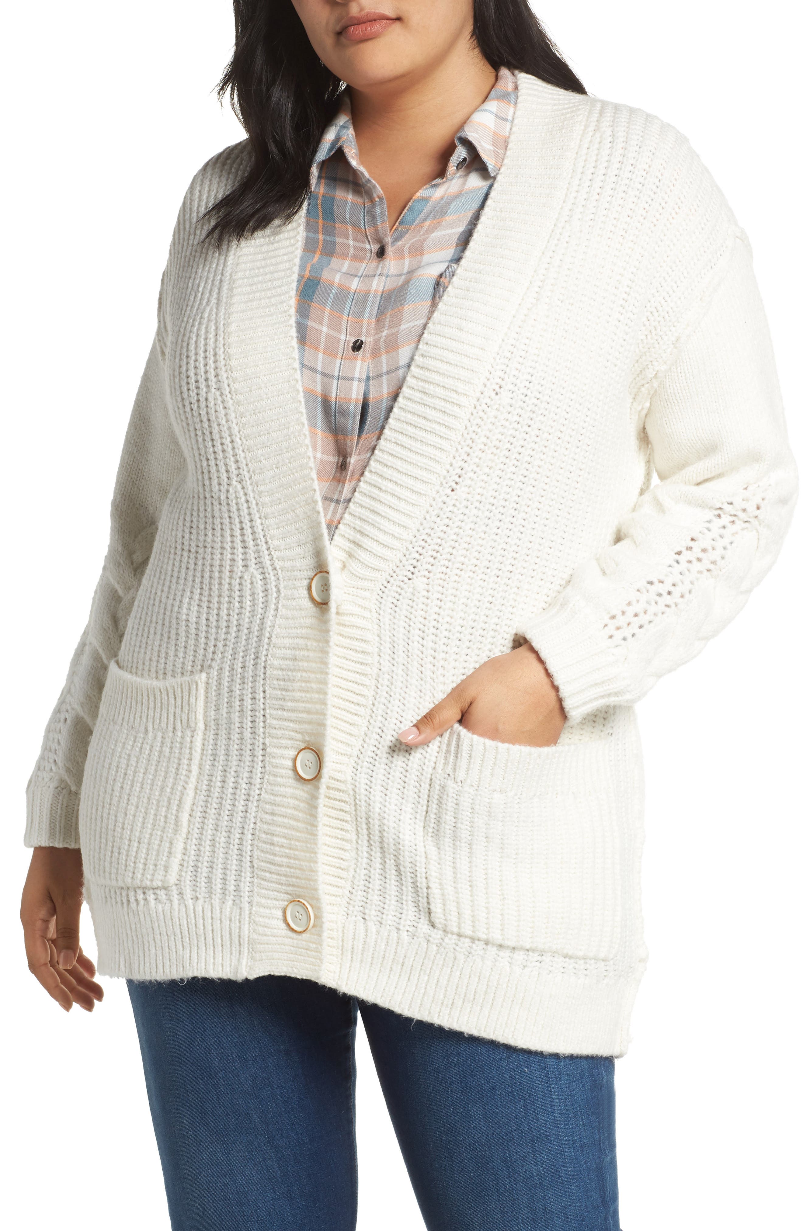 Plus Size Caslon Cable Knit Sleeve Cardigan, Ivory