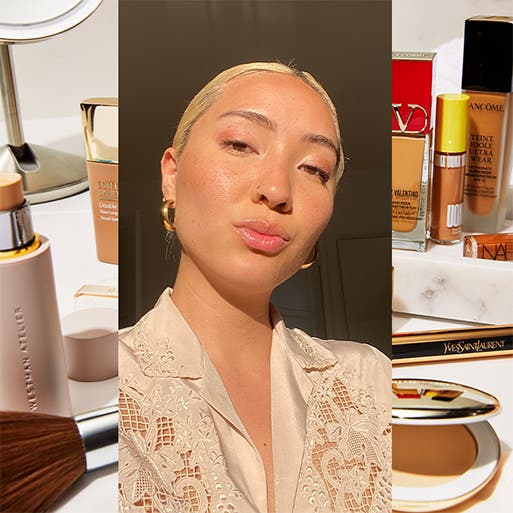 A woman wearing sun-kissed makeup. Plus, foundation, powder and other beauty products.