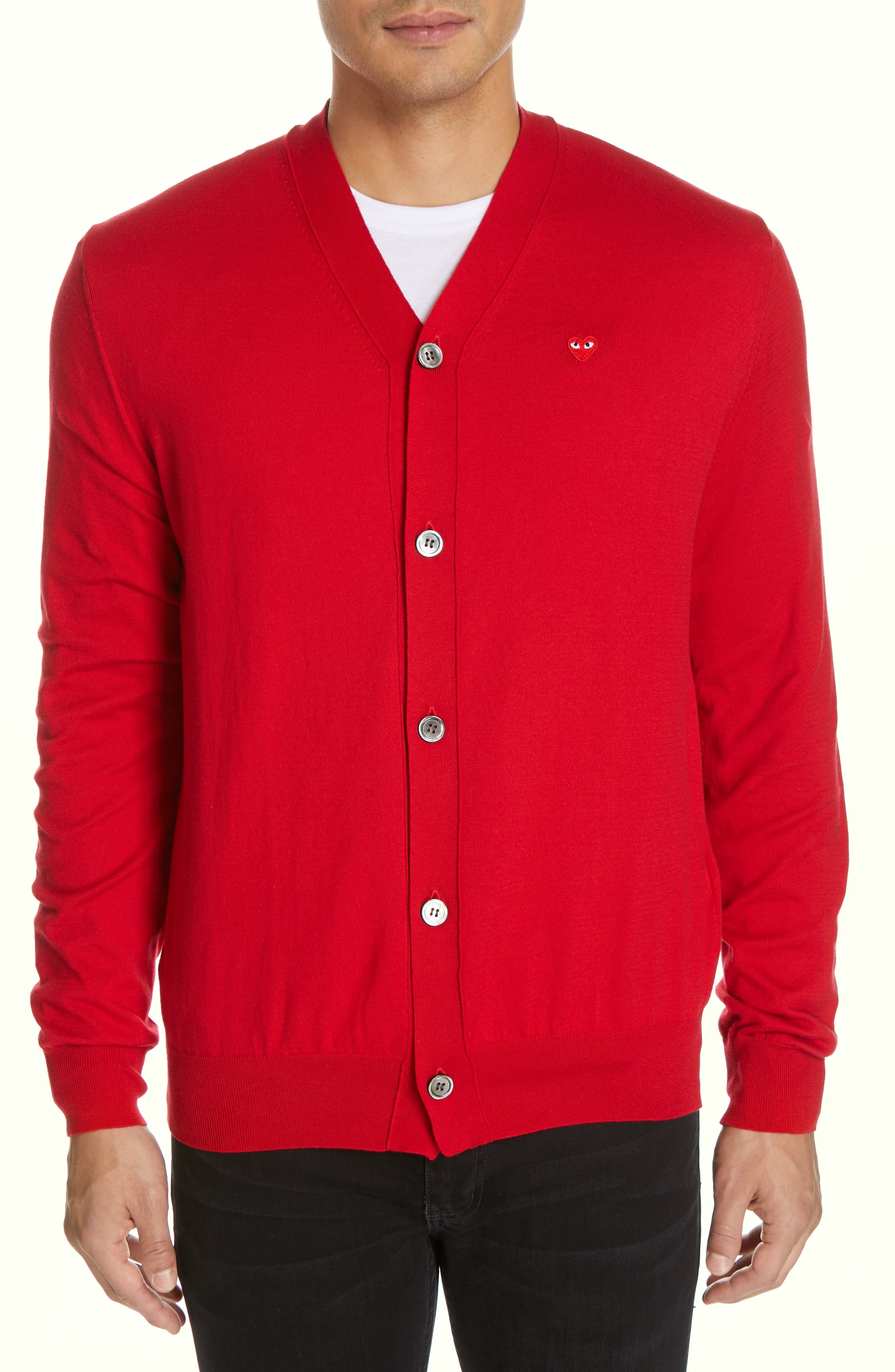 Comme Des Garcons Play V-Neck Cotton Cardigan, Red