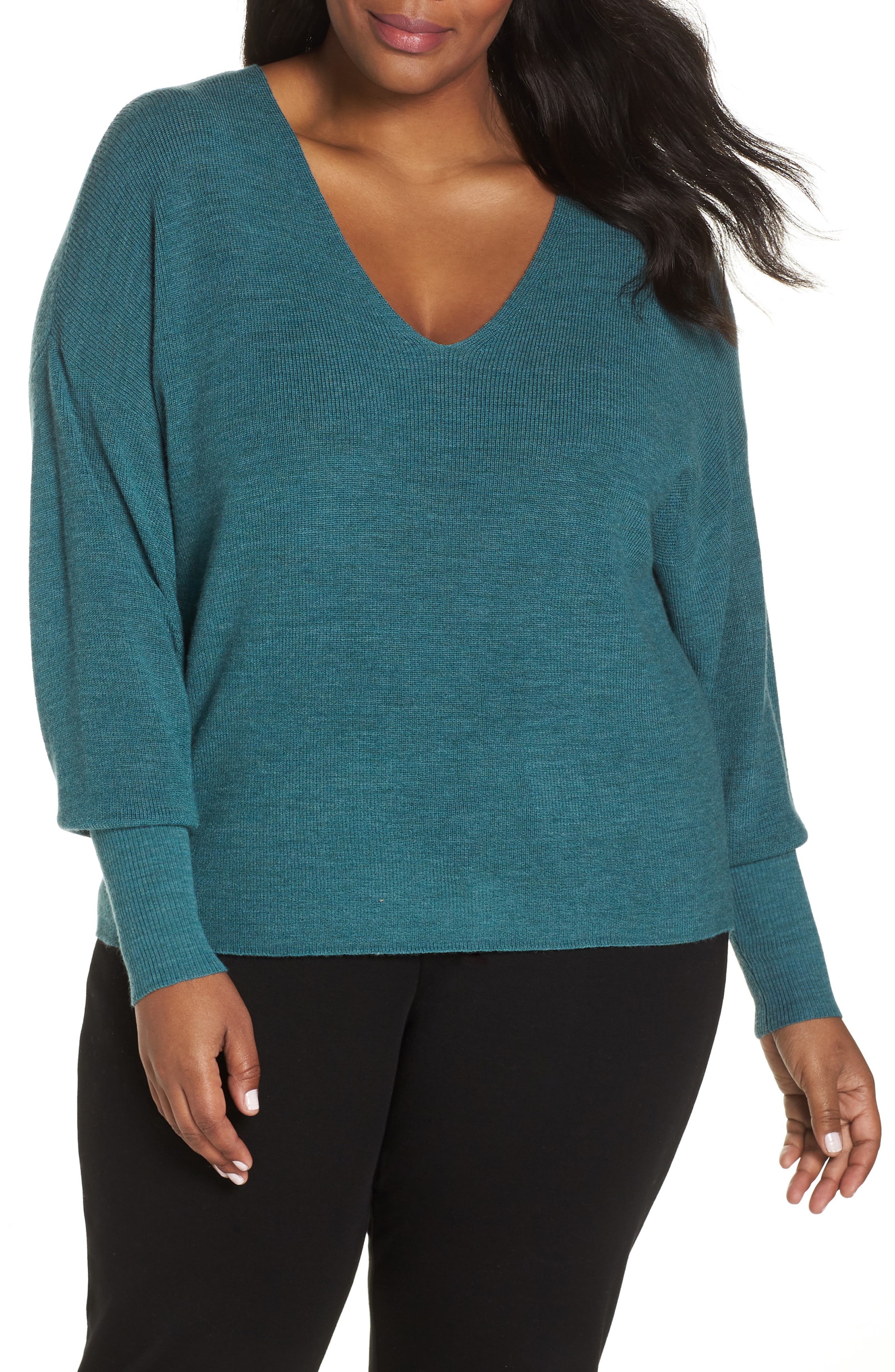 Plus Size Eileen Fisher Boxy Merino Wool Sweater, Green