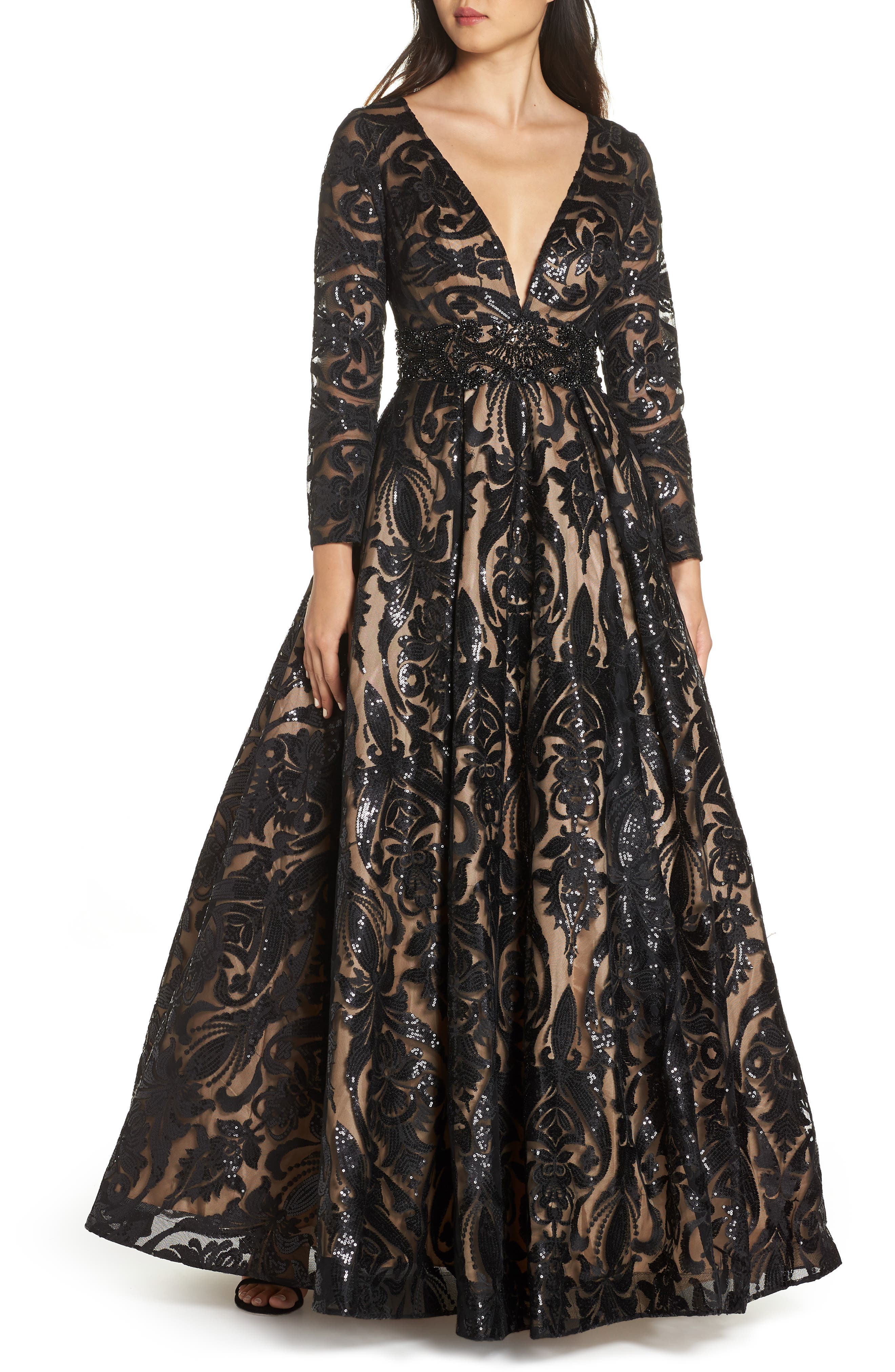 MAC Duggal Sequin Burnout Paisley Ballgown