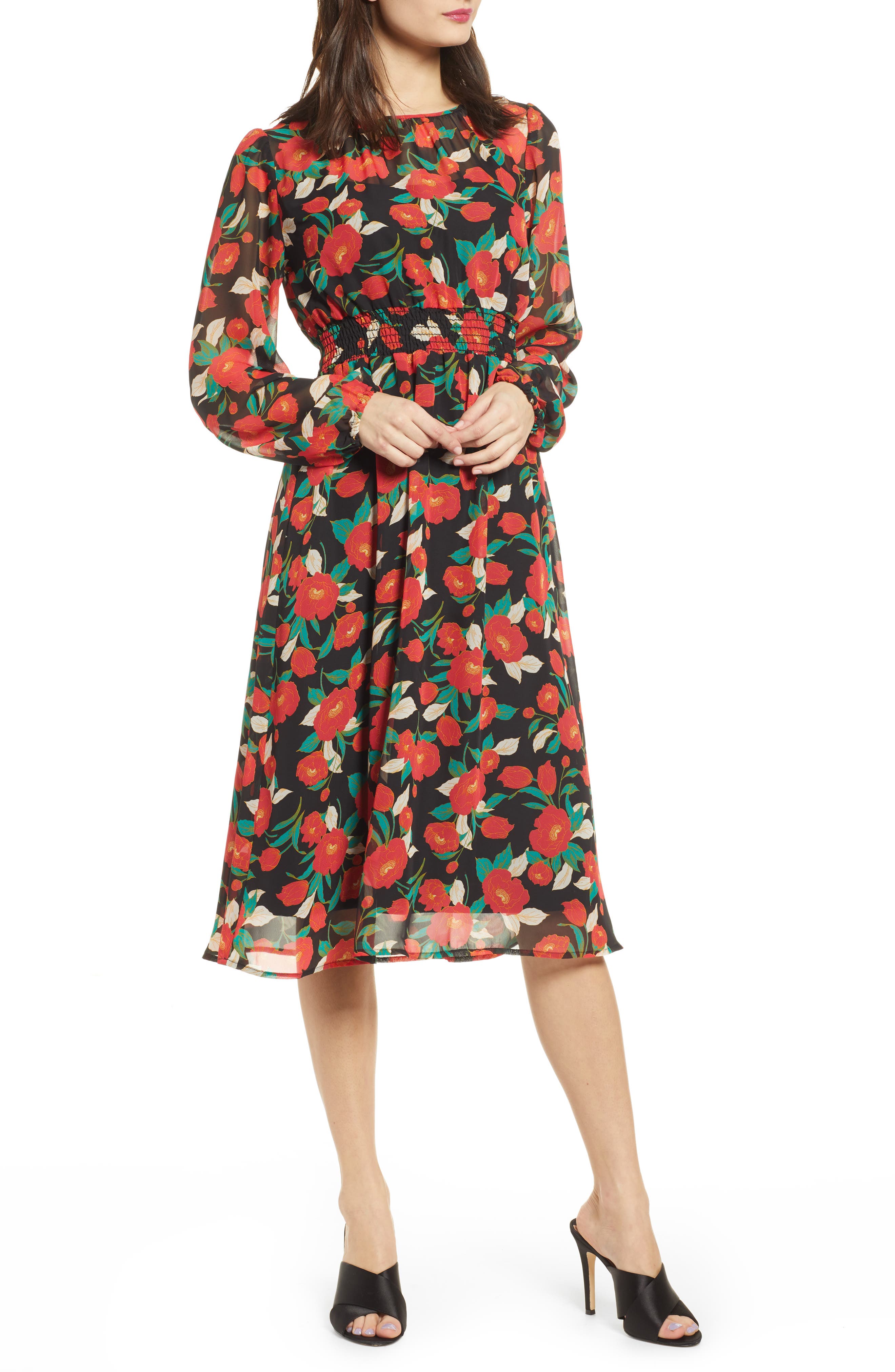 Leith Long Sleeve Chiffon Dress, Black