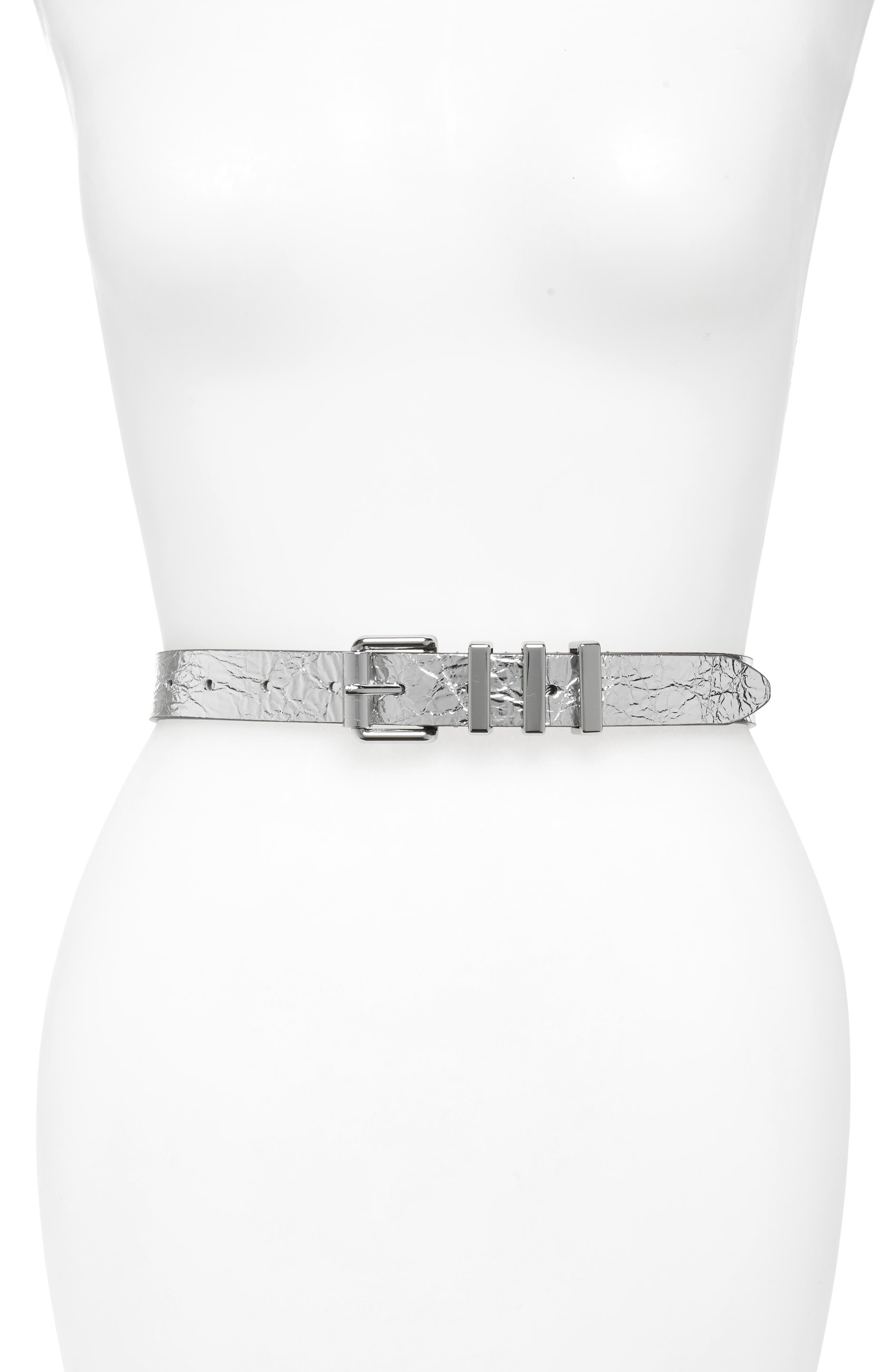 Rebecca Minkoff Crinkle Metallic Leather Belt, Black/ Polished Nickel
