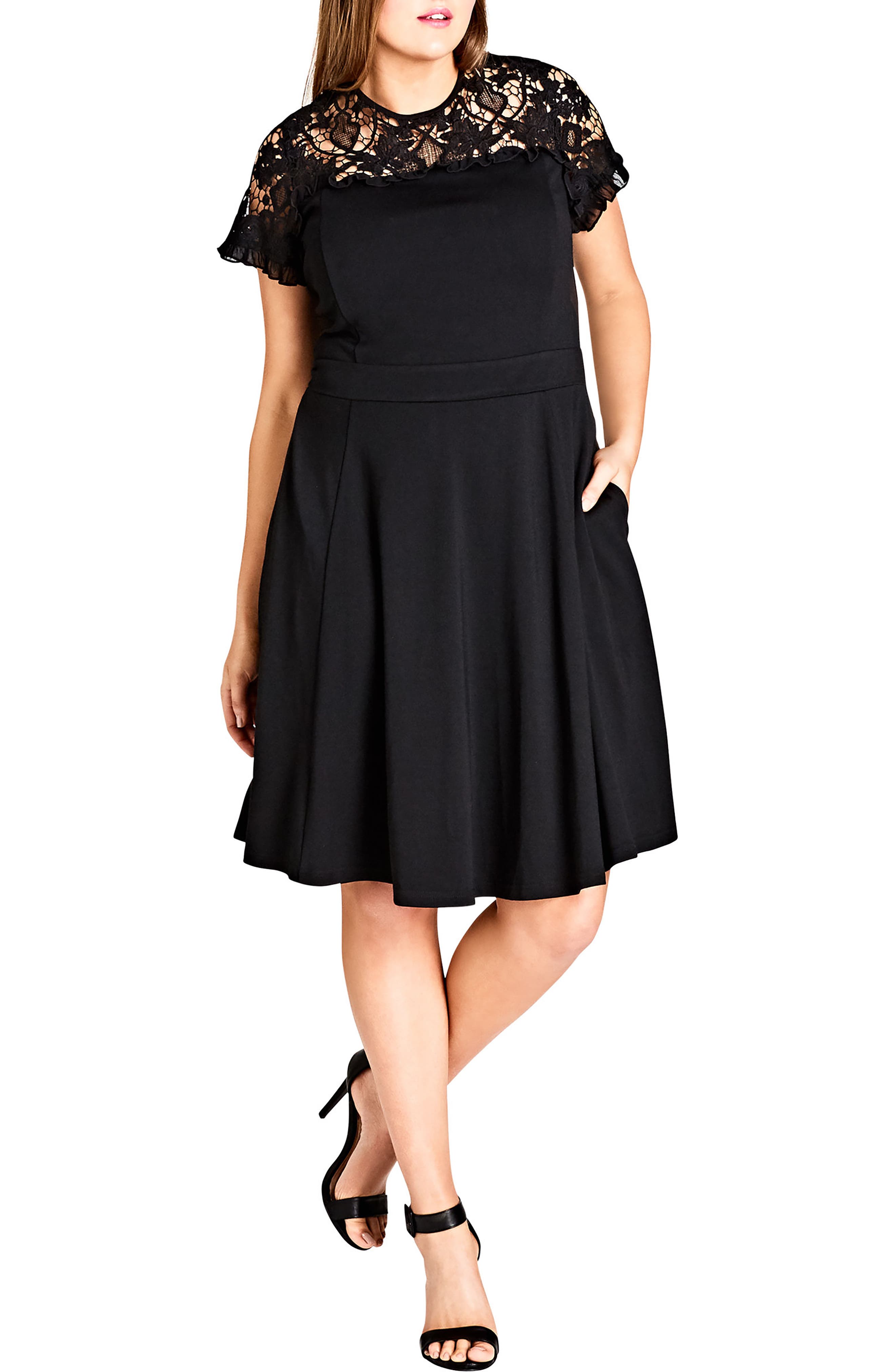 Plus Size City Chic Dark Mistress Lace Yoke A-Line Dress, Black