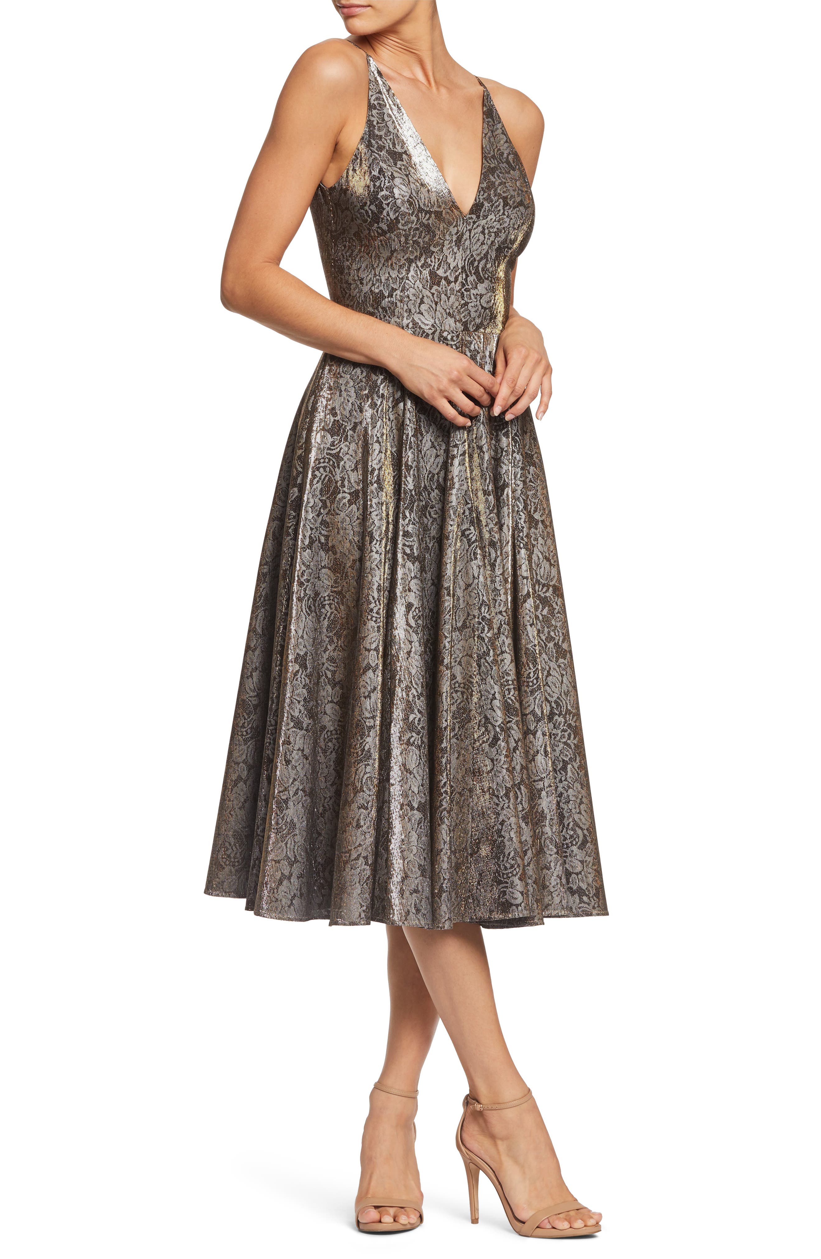 Dress The Population Delilah Plunging Jacquard Fit & Flare Midi Dress