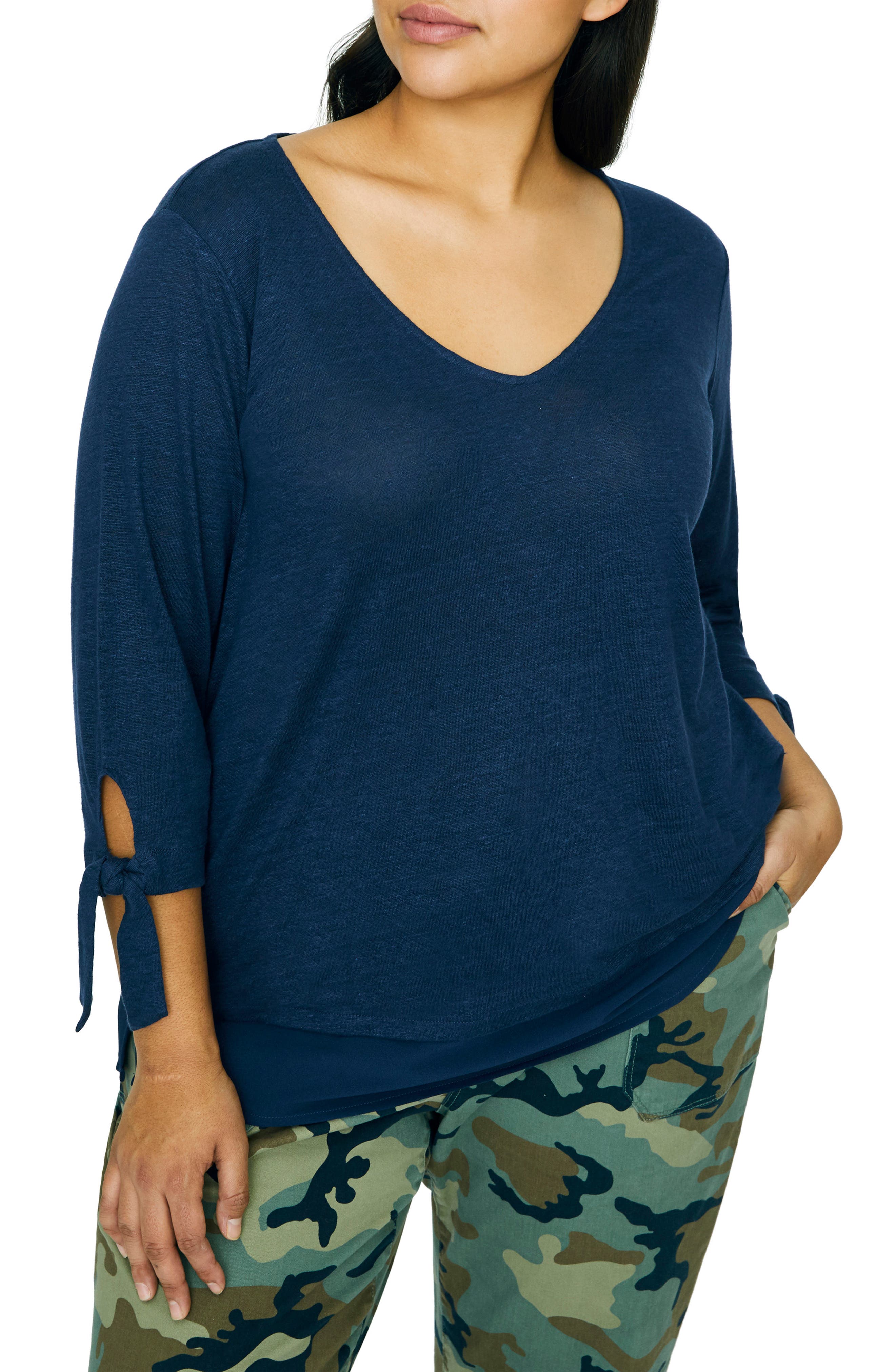 Plus Size Sanctuary Sylvie Tiered Hem Linen Tee, Blue