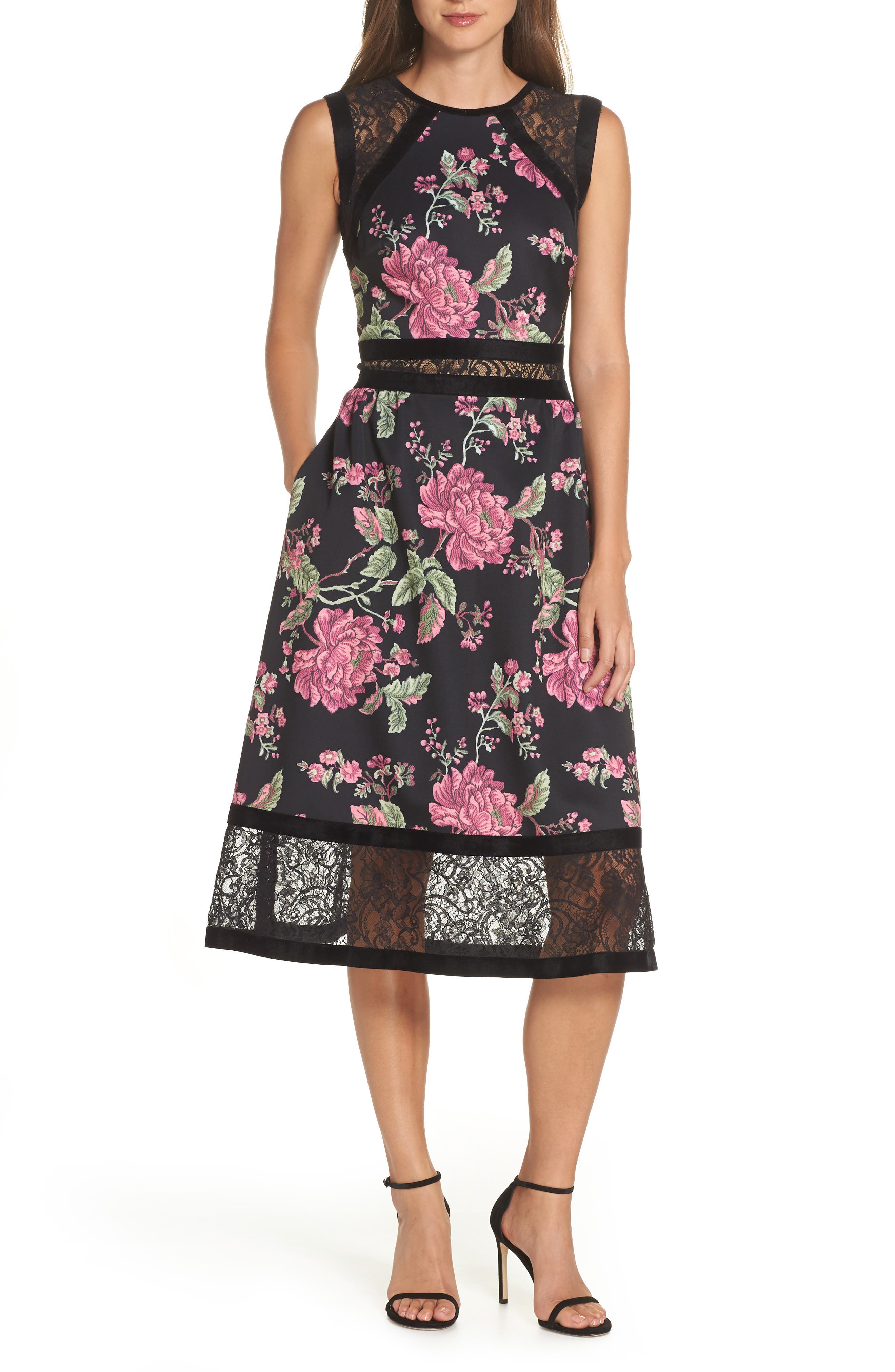 Tadashi Shoji Sleeveless Floral Print Midi Dress, Black