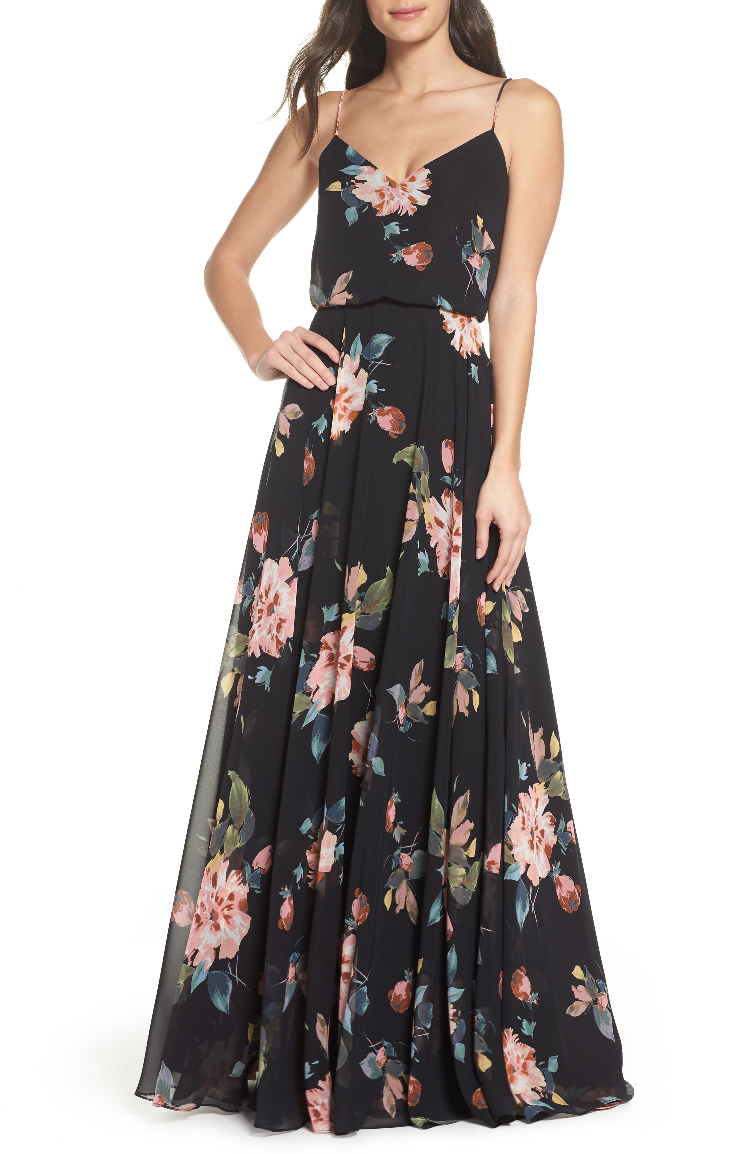 Jenny Yoo Inesse V-Neck Chiffon Gown, Black