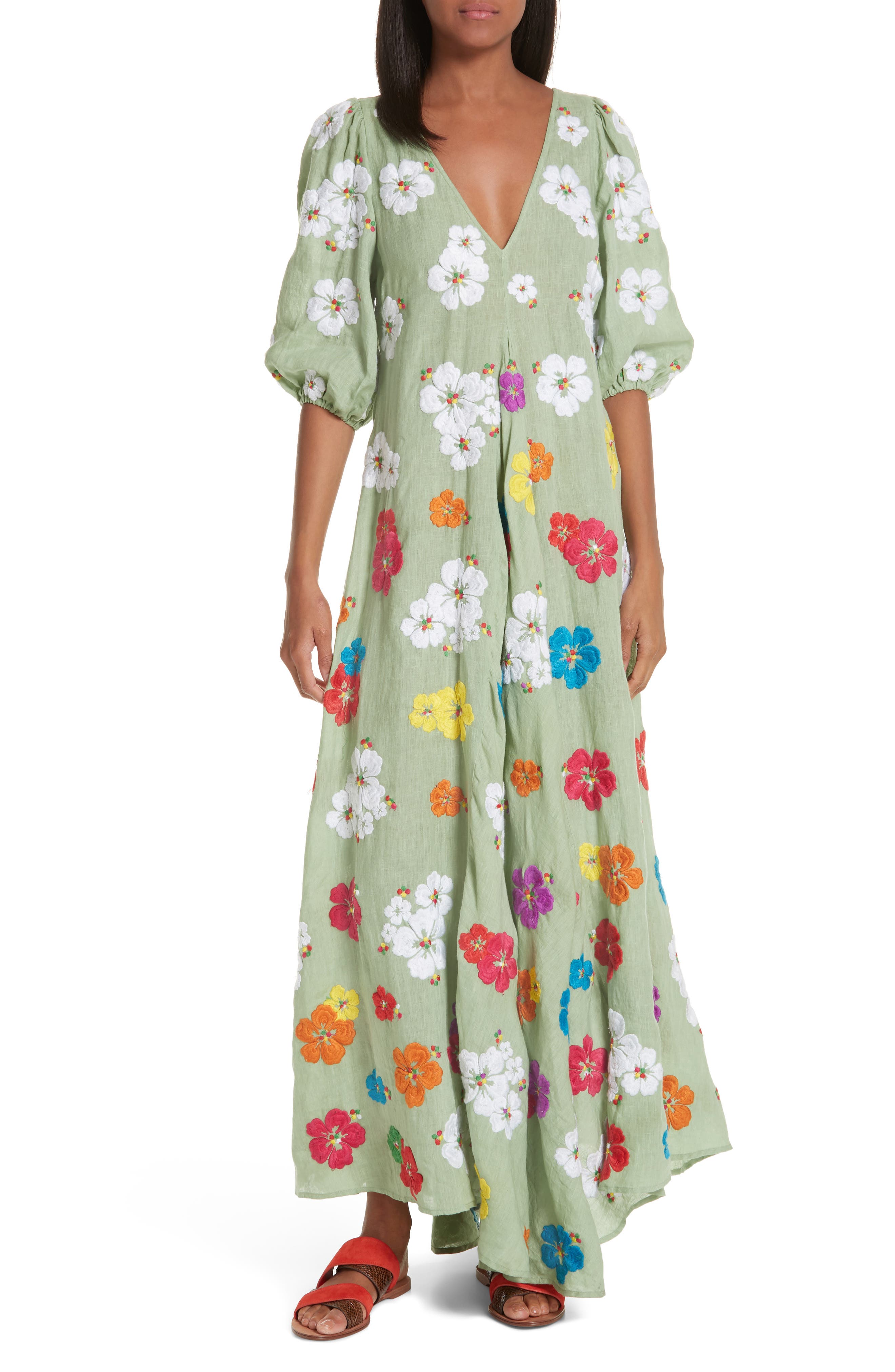 All Things Mochi Tila Embroidered Linen Maxi Dress, Green