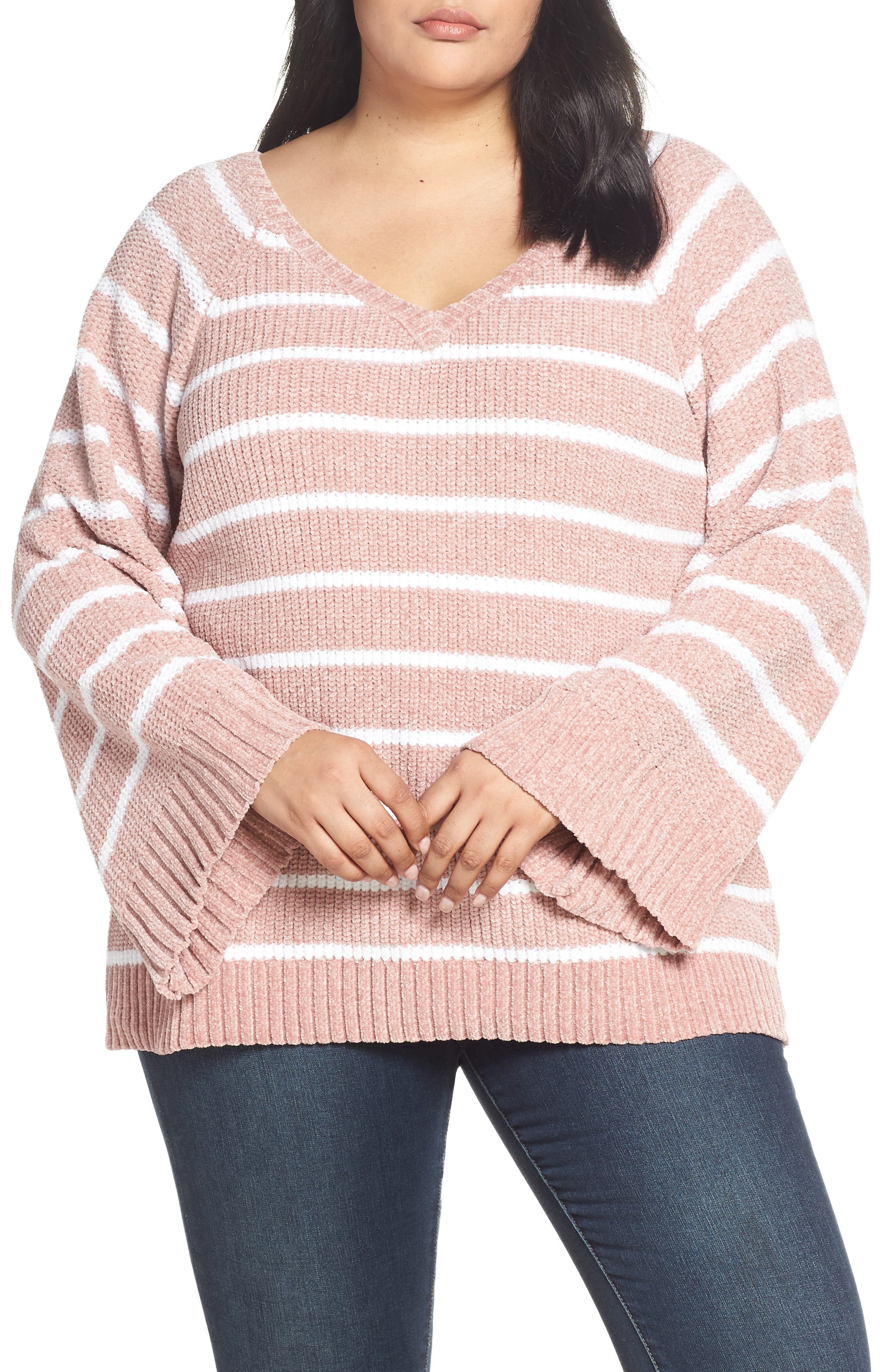 Plus Size & .layered Stripe V-Neck Sweater, Pink