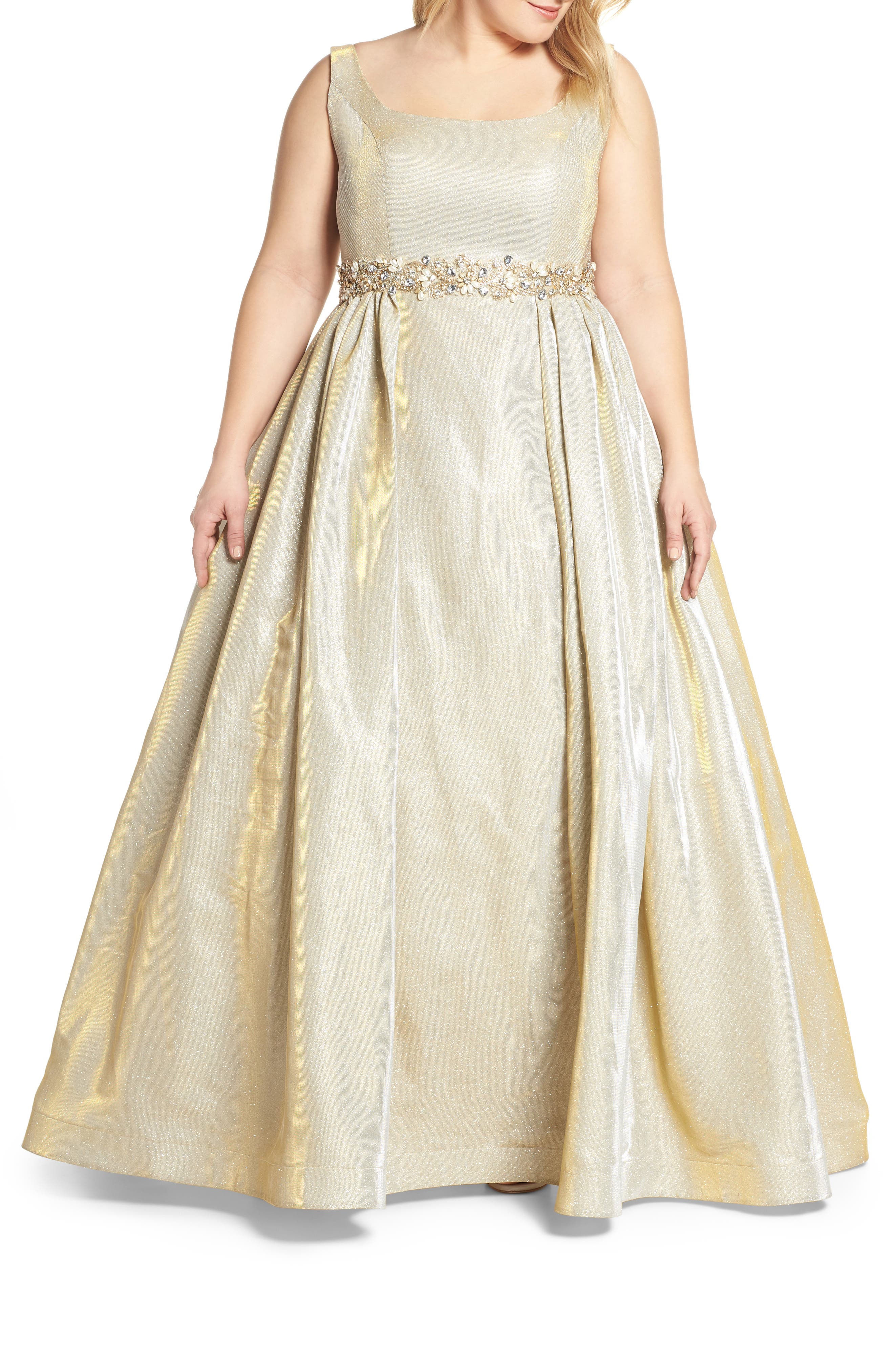 Plus Size MAC Duggal Jeweled Waist Metallic Evening Dress, Yellow