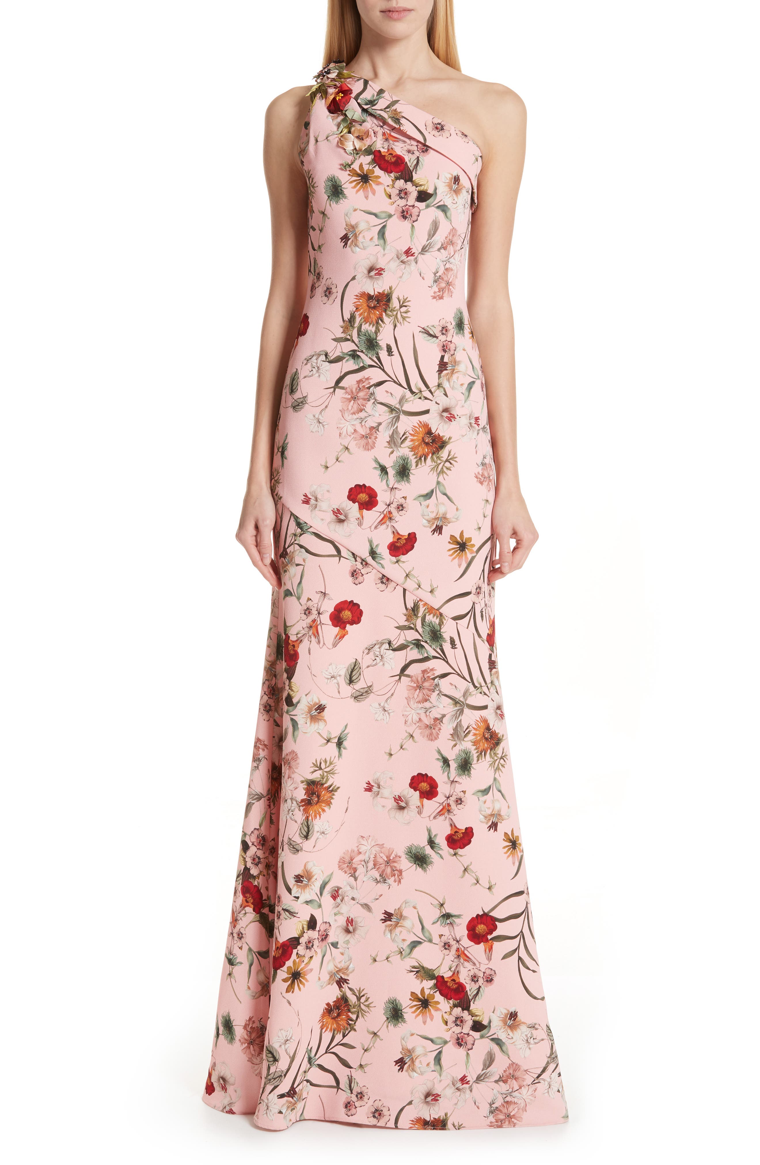 Badgley Mischka One-Shoulder Floral Evening Dress, Pink