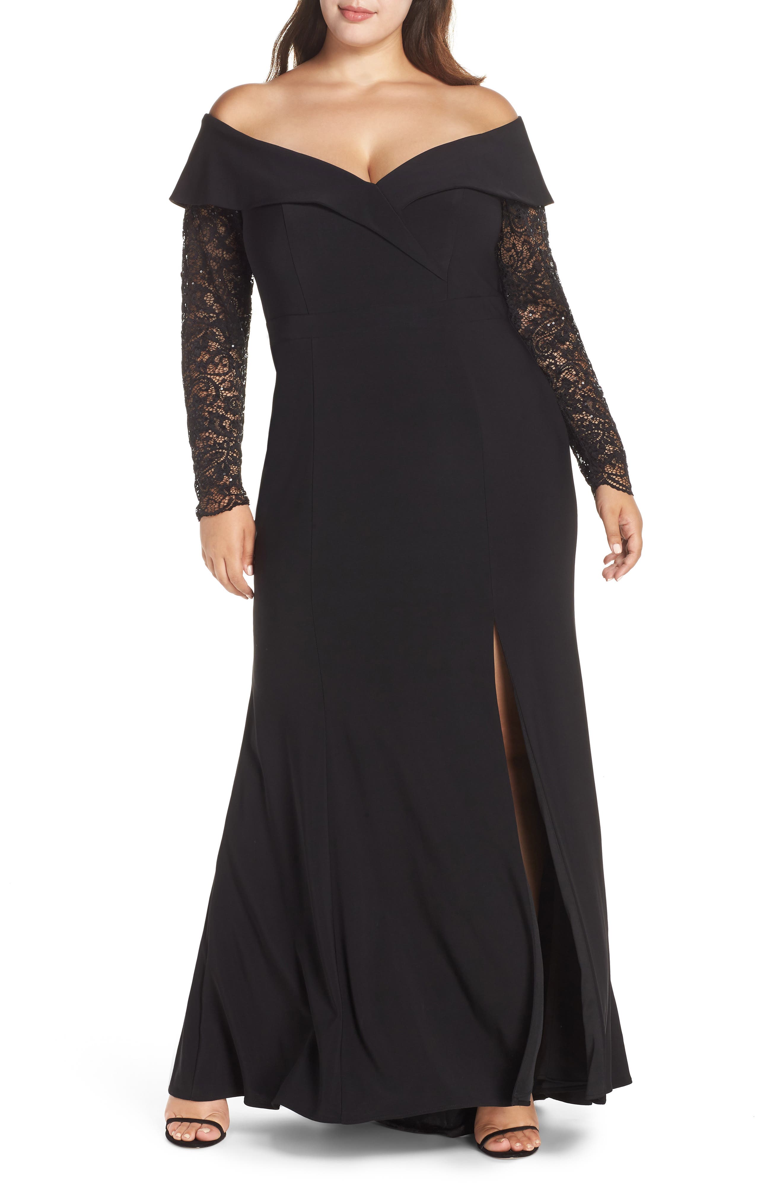 Plus Size Xscape Off The Shoulder Lace Sleeve Evening Gown, Black