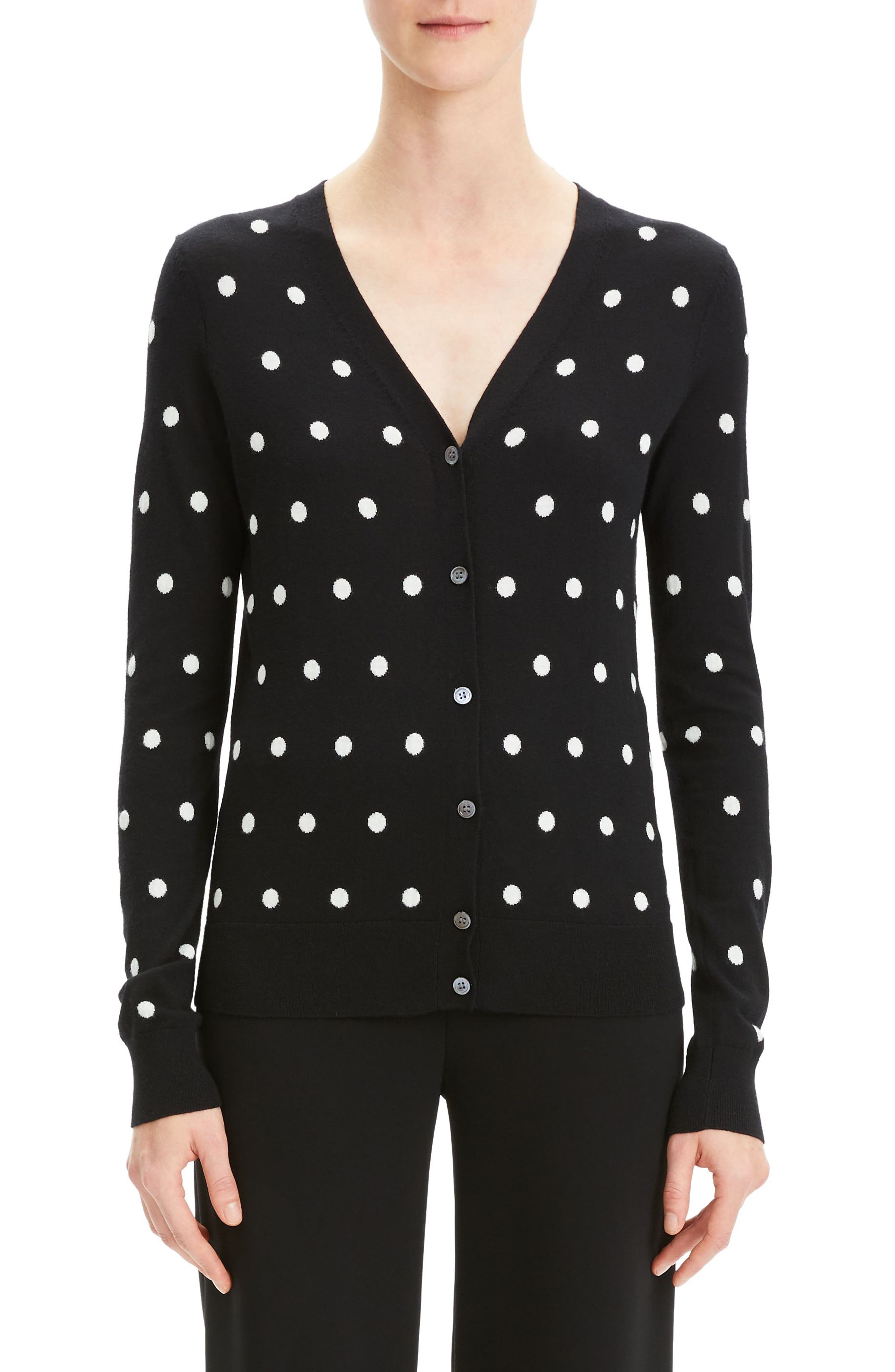 Theory Polka Dot Merino Wool Blend Cardigan, Black