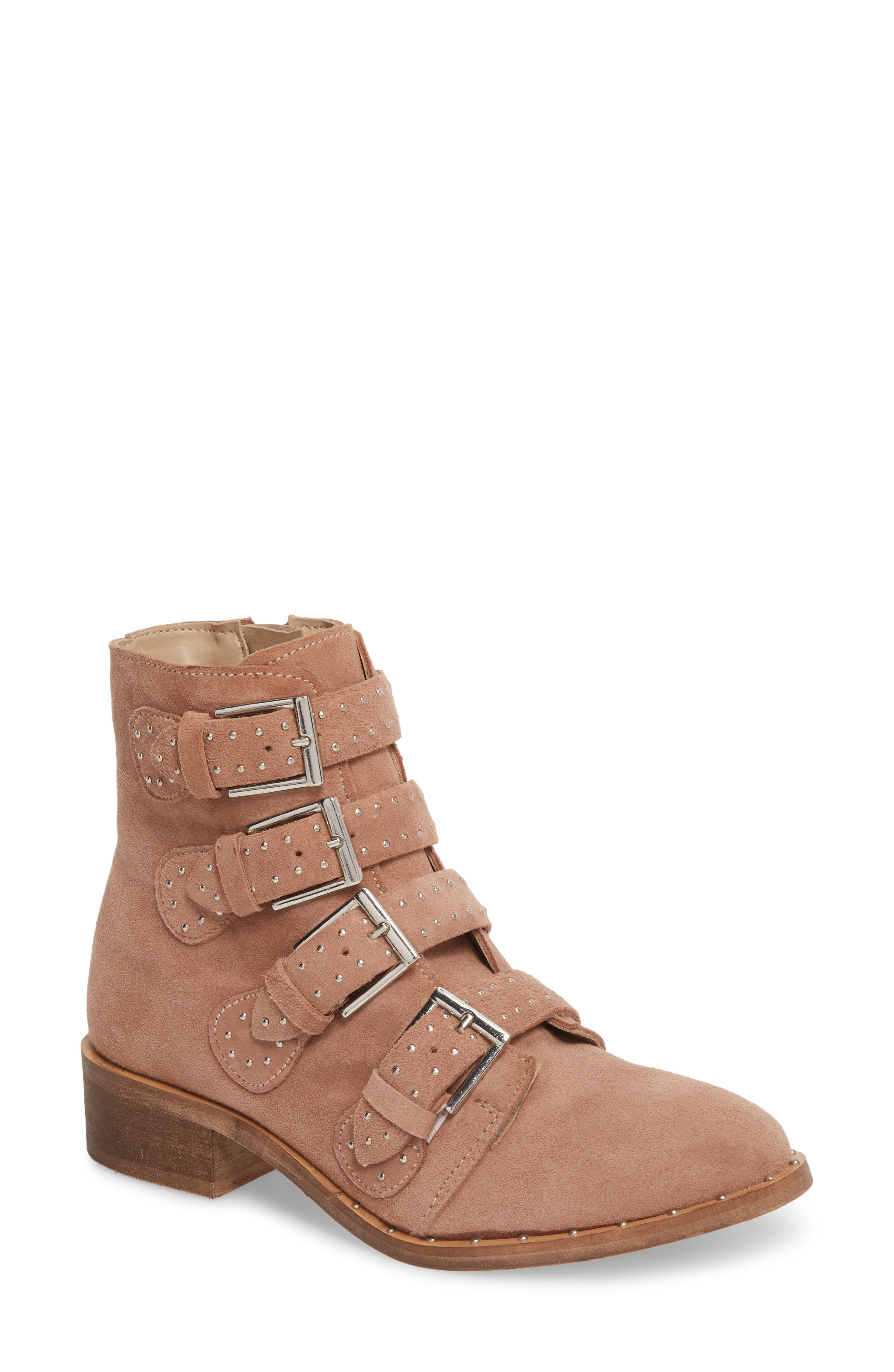 Black Suede Studio Layla Moto Bootie, Pink