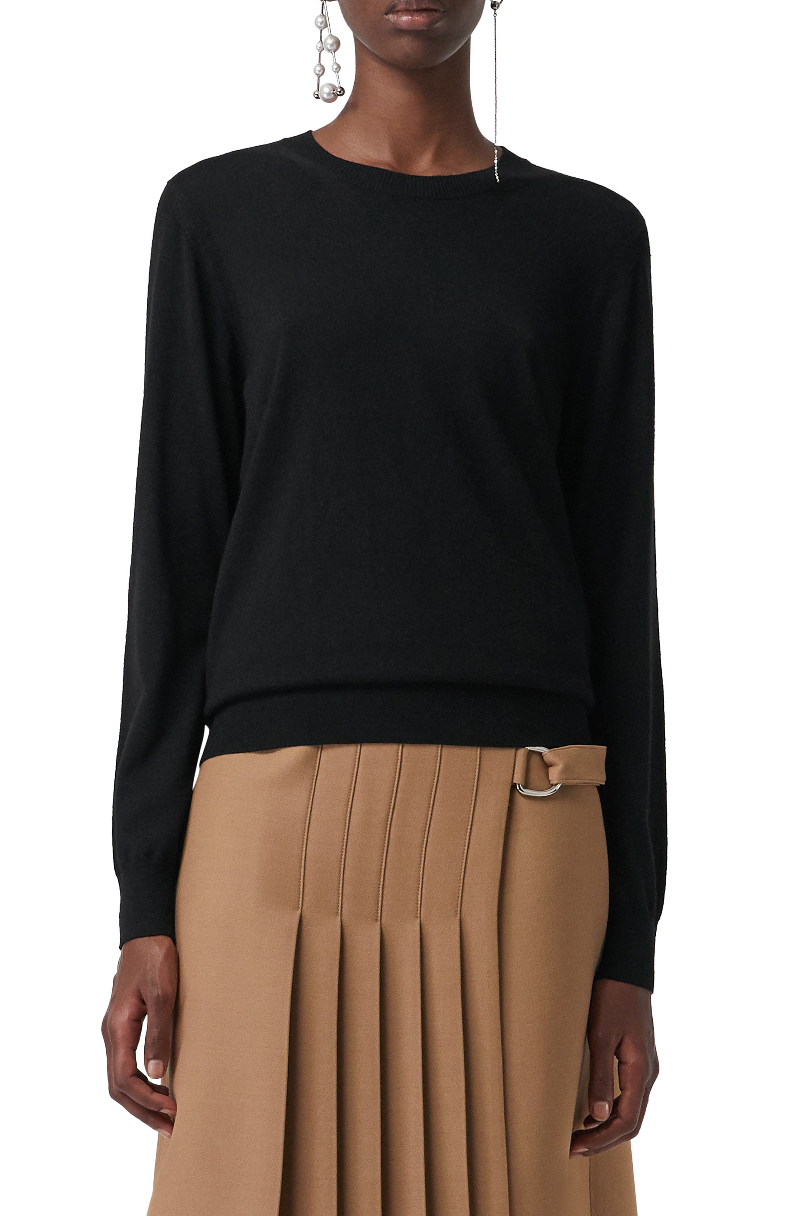 Burberry Bempton Tartan Elbow Patch Merino Wool Sweater, Black