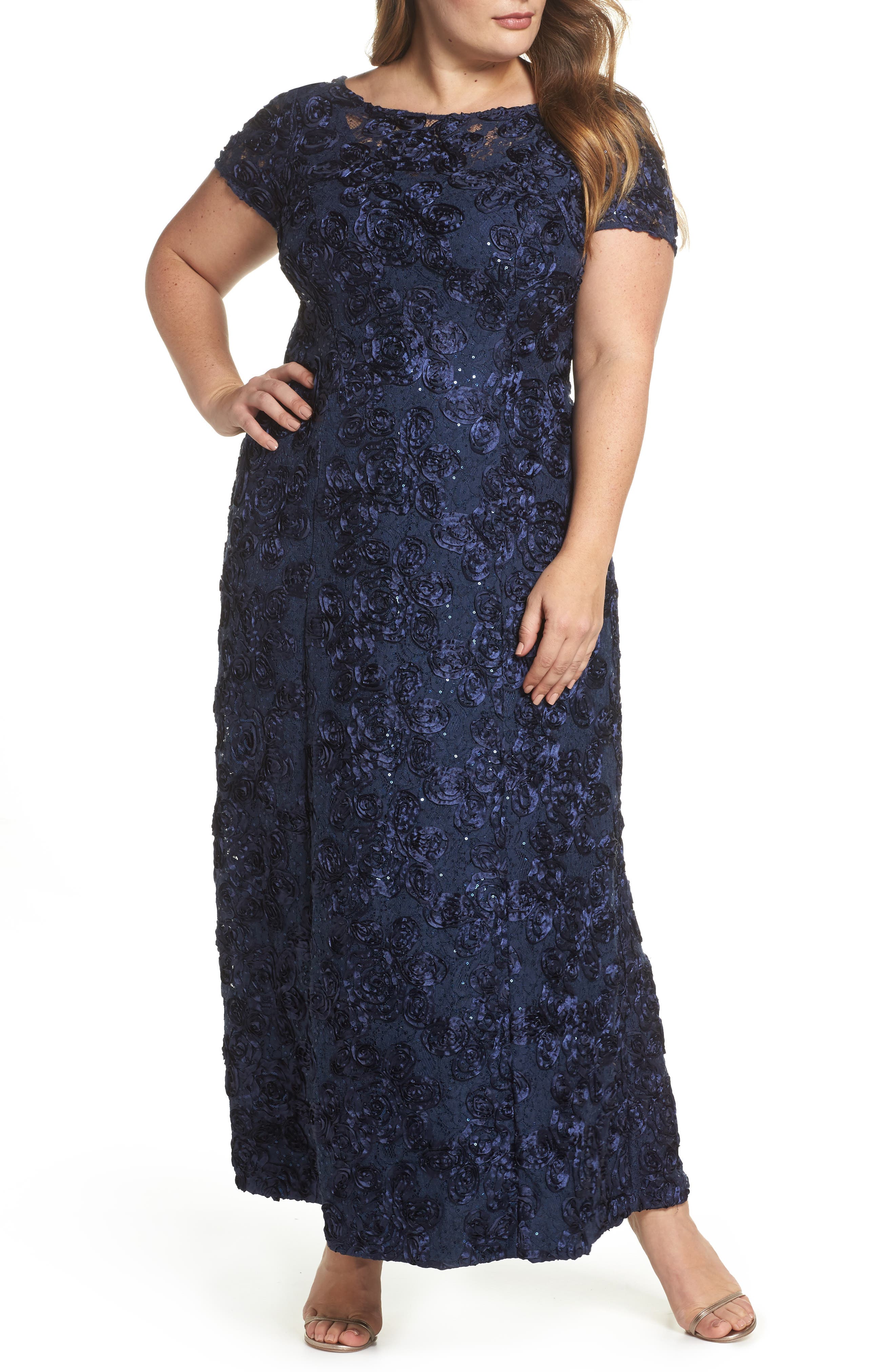 Plus Size Alex Evenings Rosette Lace Short Sleeve A-Line Gown, Blue