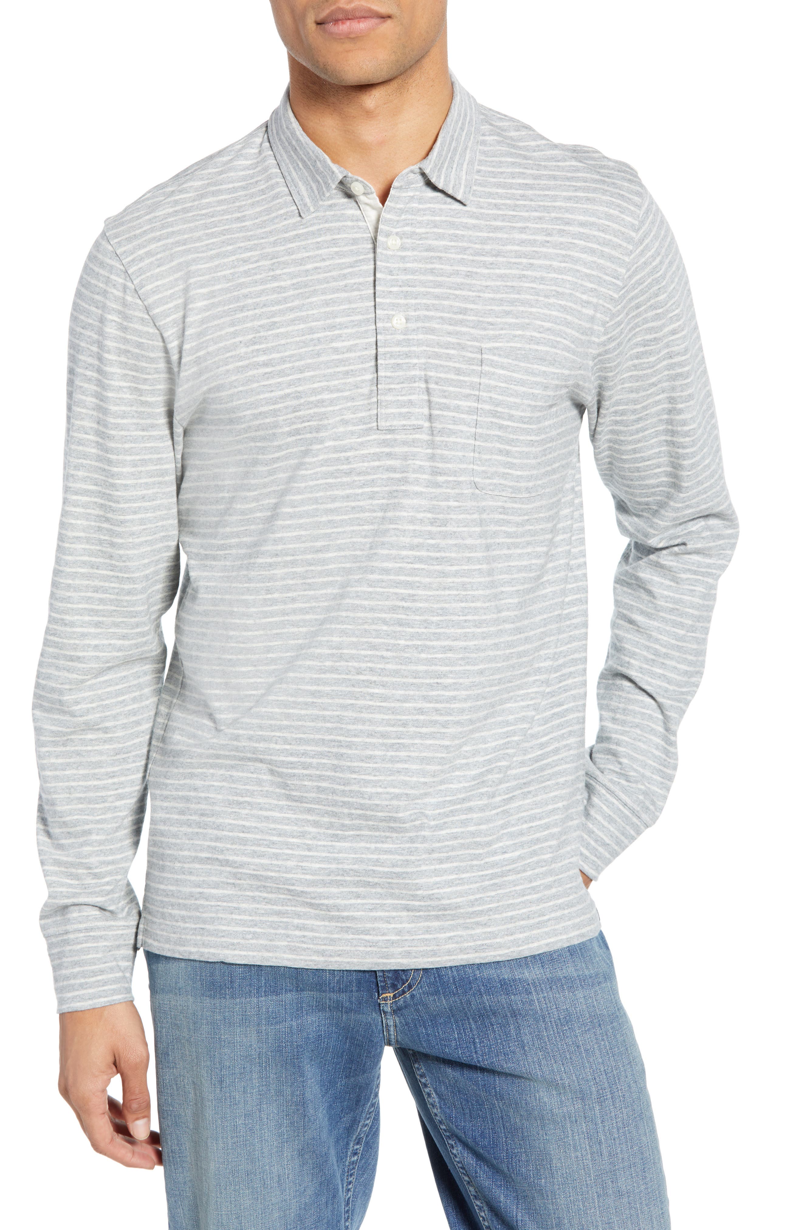 Faherty Bleecker Stripe Long Sleeve Pocket Polo, Grey