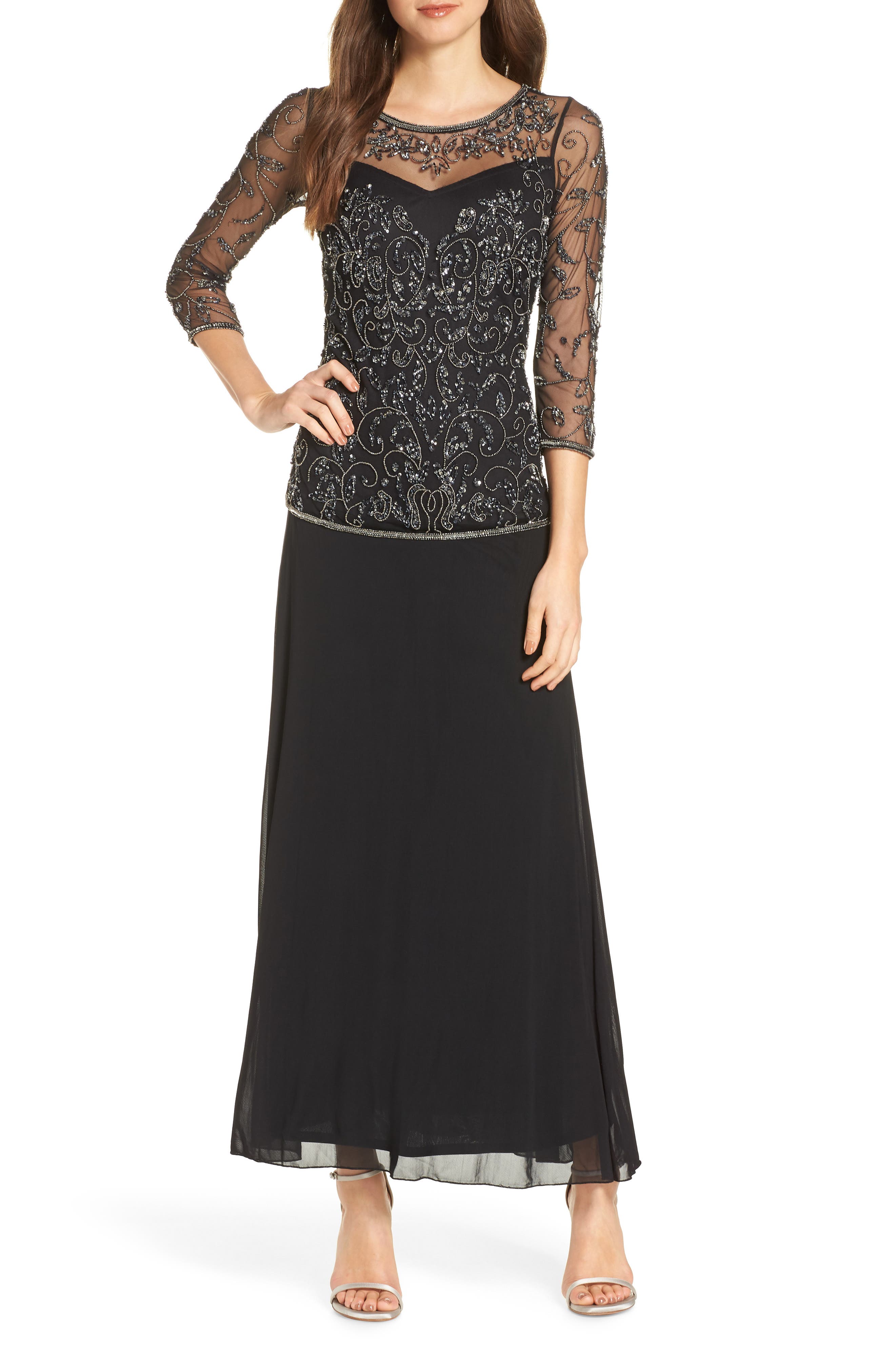 Petite Pisarro Nights Beaded Mesh Mock Two-Piece Gown, Black