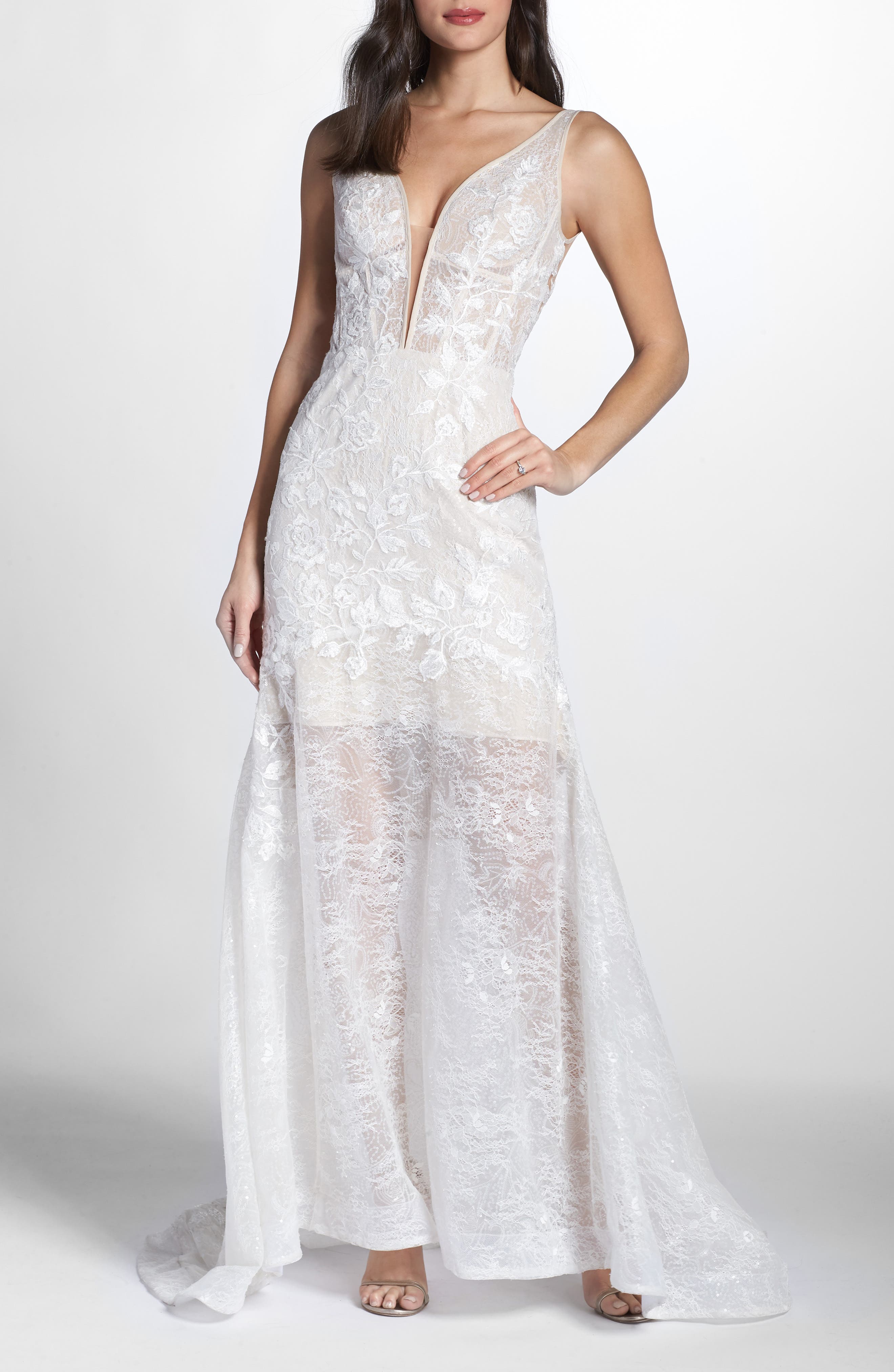 Bronx And Banco Estelle Plunging Lace Gown, White
